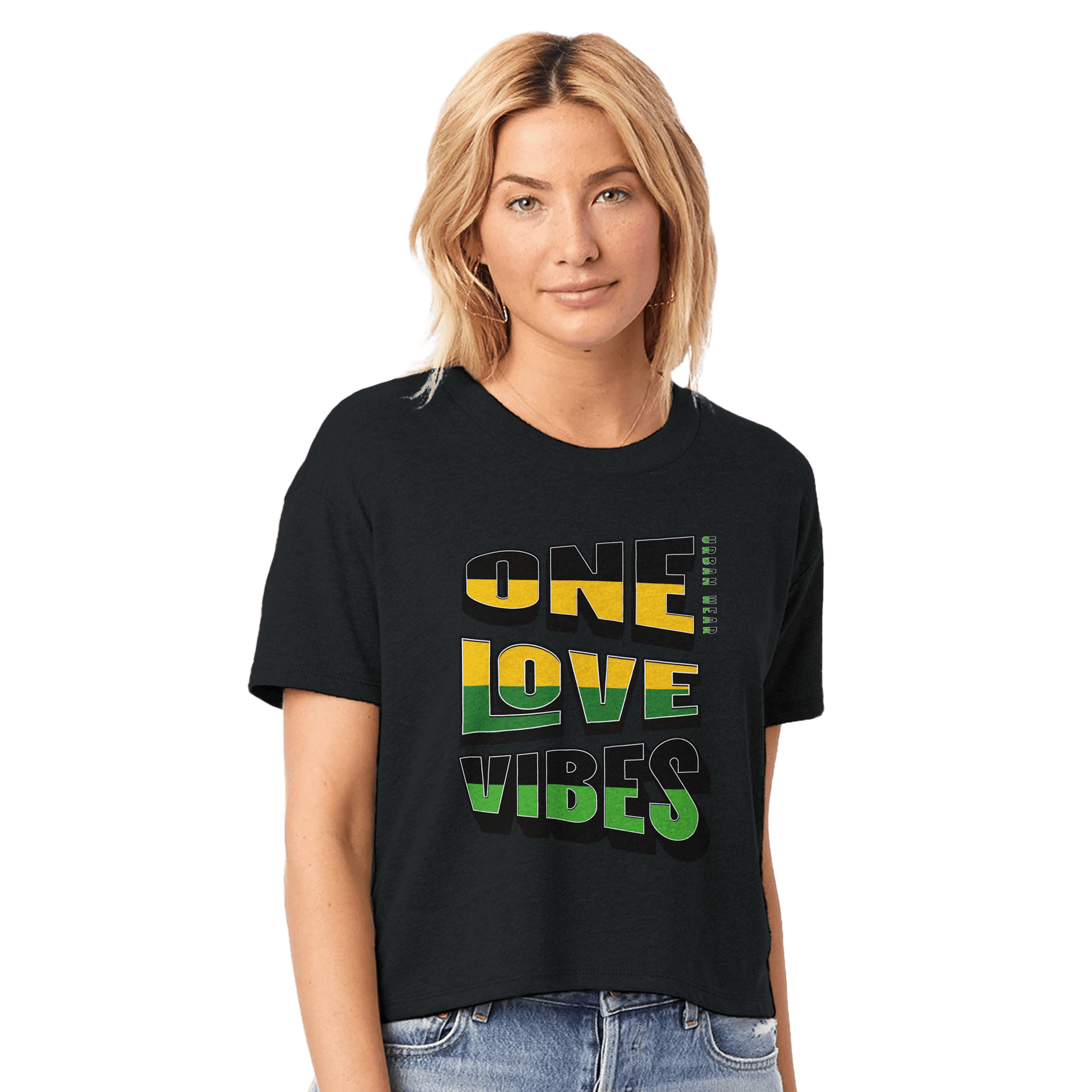 My Store Print Material Black / XS One Love Vibes Jamaica Women's Headliner Cropped Crewneck T-Shirt | Alternative 5114BP