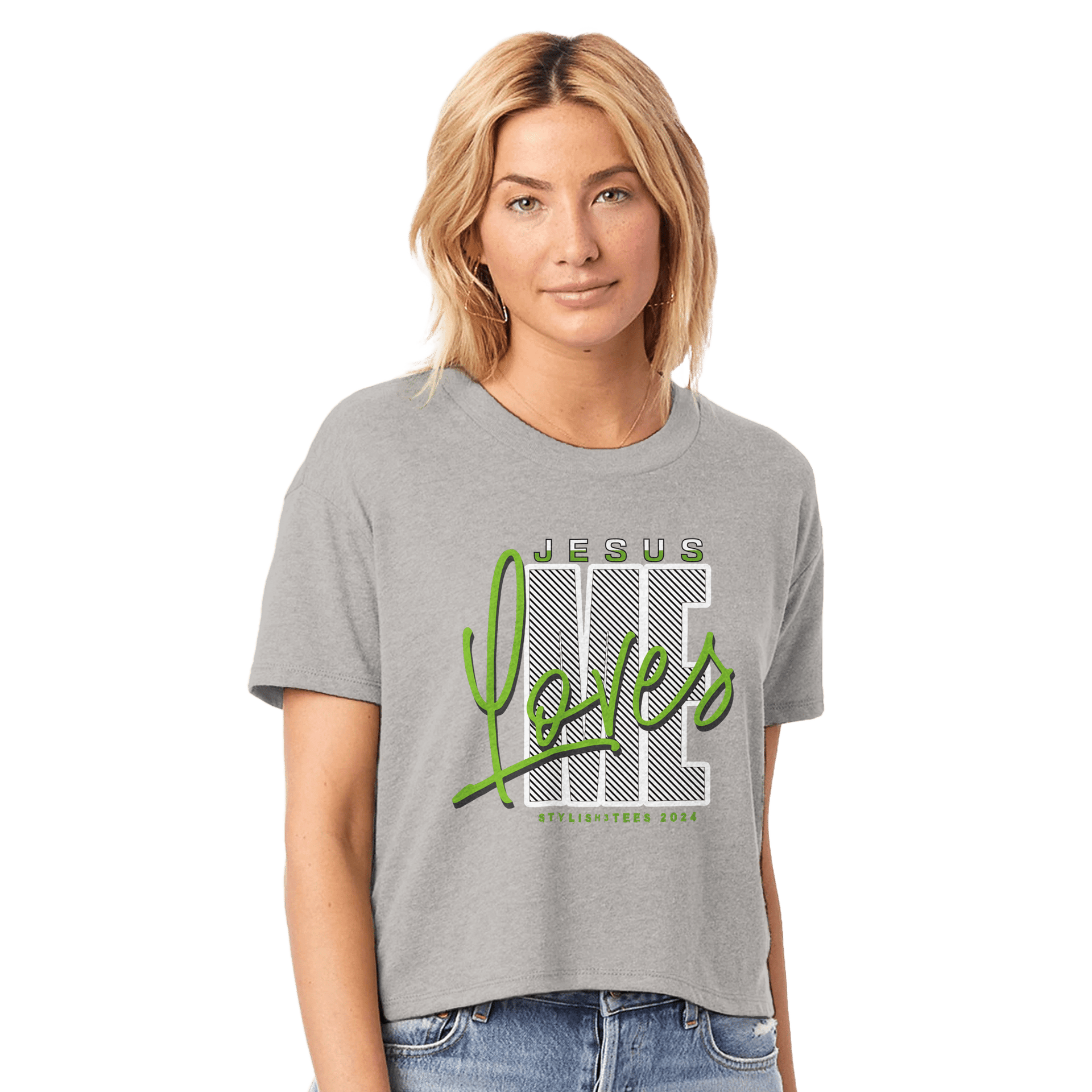 My Store Print Material smoke grey / XS Jesus Loves Me. Women's Headliner Cropped Crewneck T-Shirt | Alternative 5114BP
