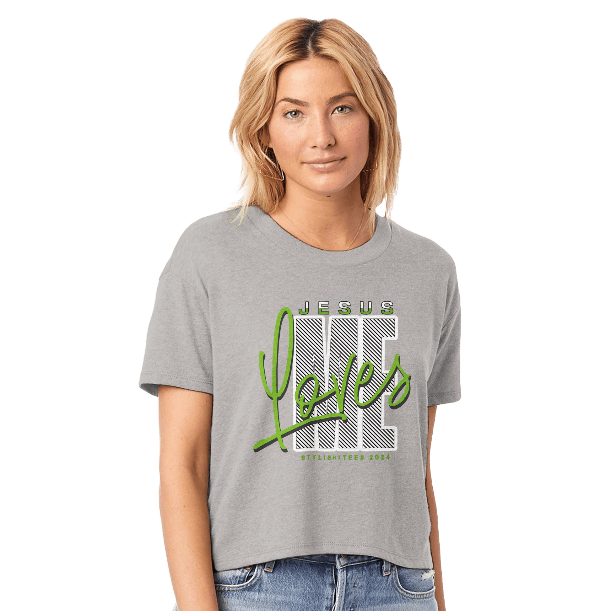 My Store Print Material smoke grey / XS Jesus Loves Me. Women's Headliner Cropped Crewneck T-Shirt | Alternative 5114BP