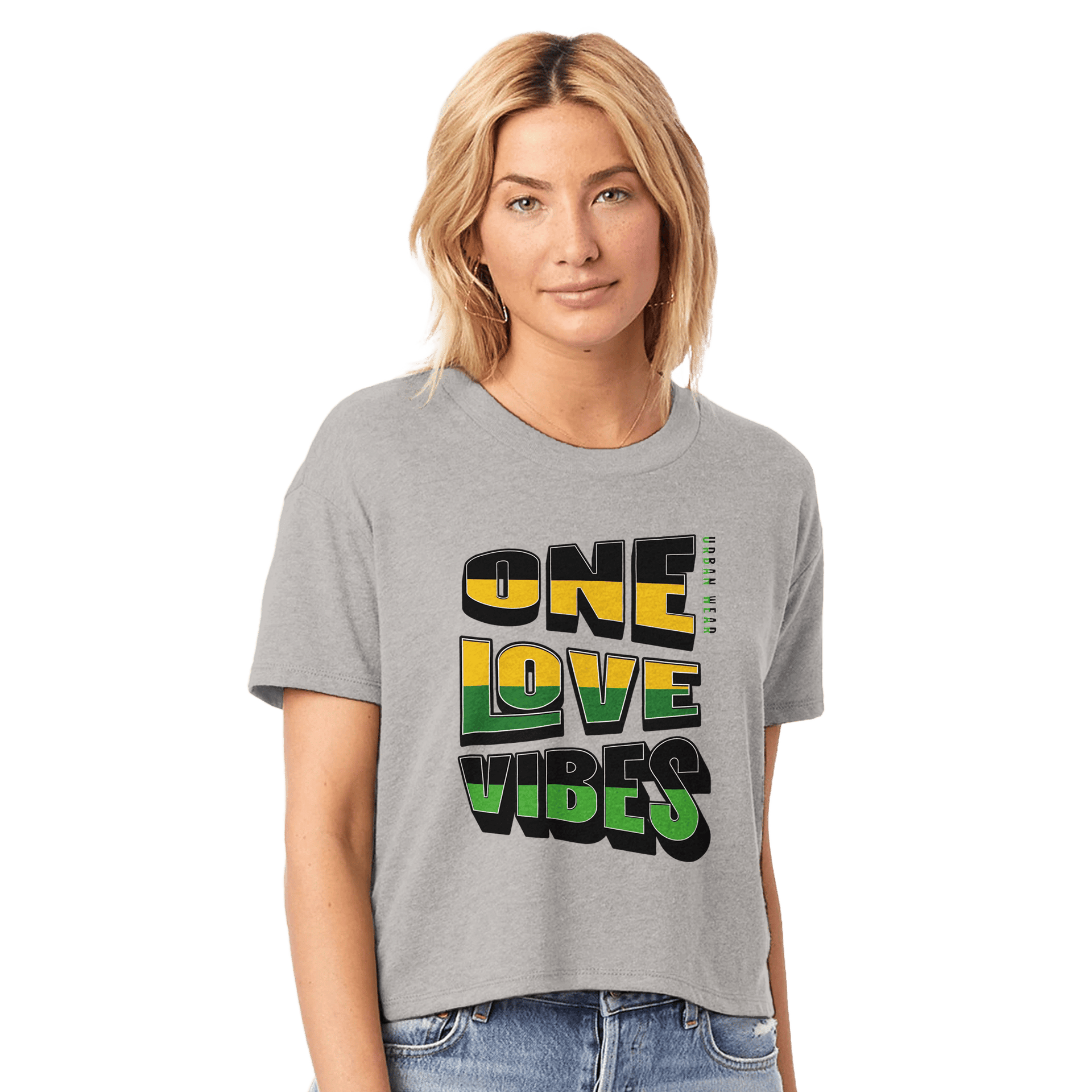 My Store Print Material smoke grey / XS One Love Vibes Jamaica Women's Headliner Cropped Crewneck T-Shirt | Alternative 5114BP