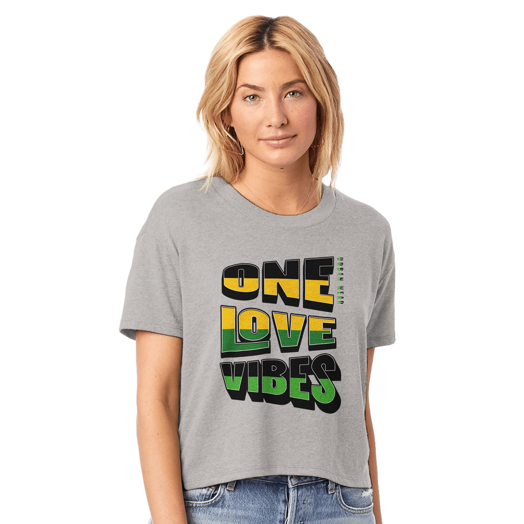 My Store Print Material smoke grey / XS One Love Vibes Jamaica Women's Headliner Cropped Crewneck T-Shirt | Alternative 5114BP
