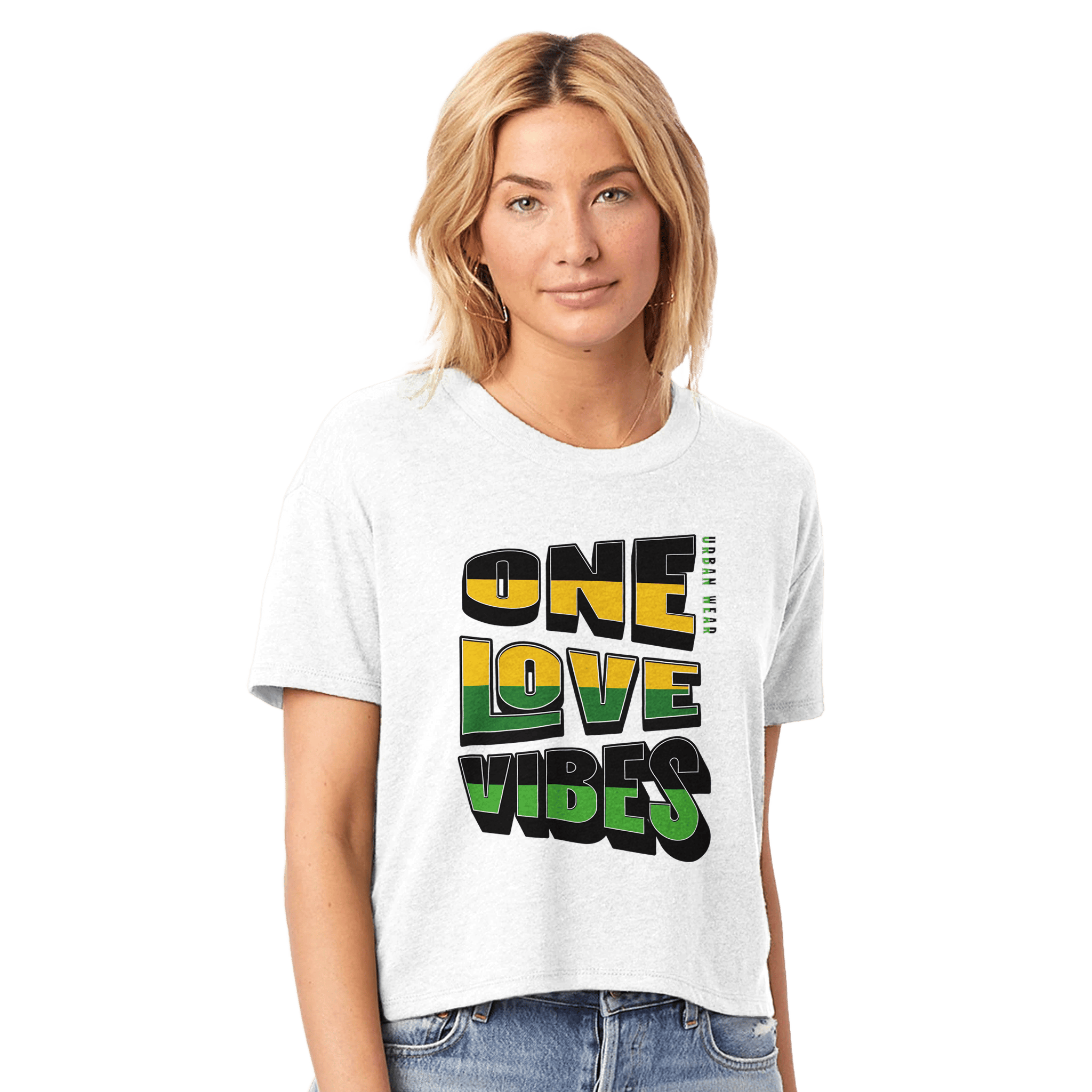 My Store Print Material White / XS One Love Vibes Jamaica Women's Headliner Cropped Crewneck T-Shirt | Alternative 5114BP