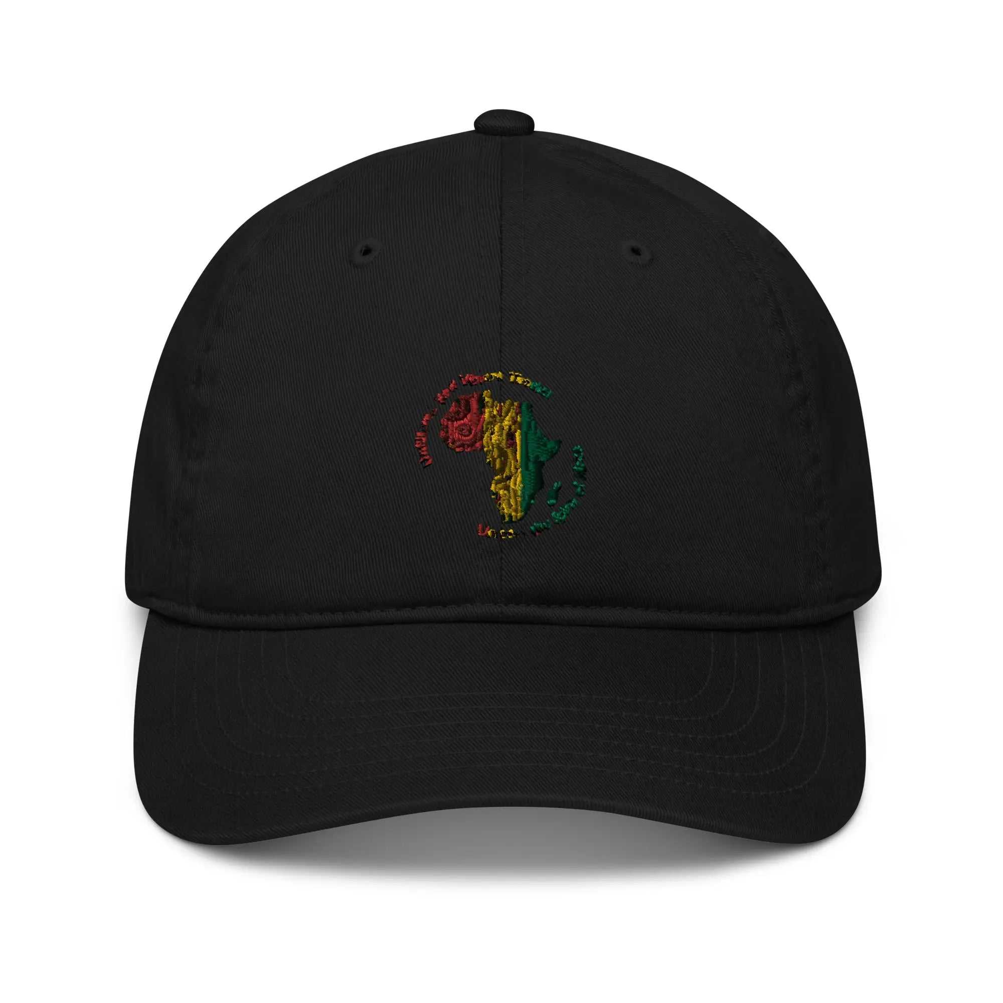 Black Organic Roots Of Africa dad hat with embroidered Africa map in red, yellow, and green on front, made from 100% organic cotton with adjustable brass slider closure.