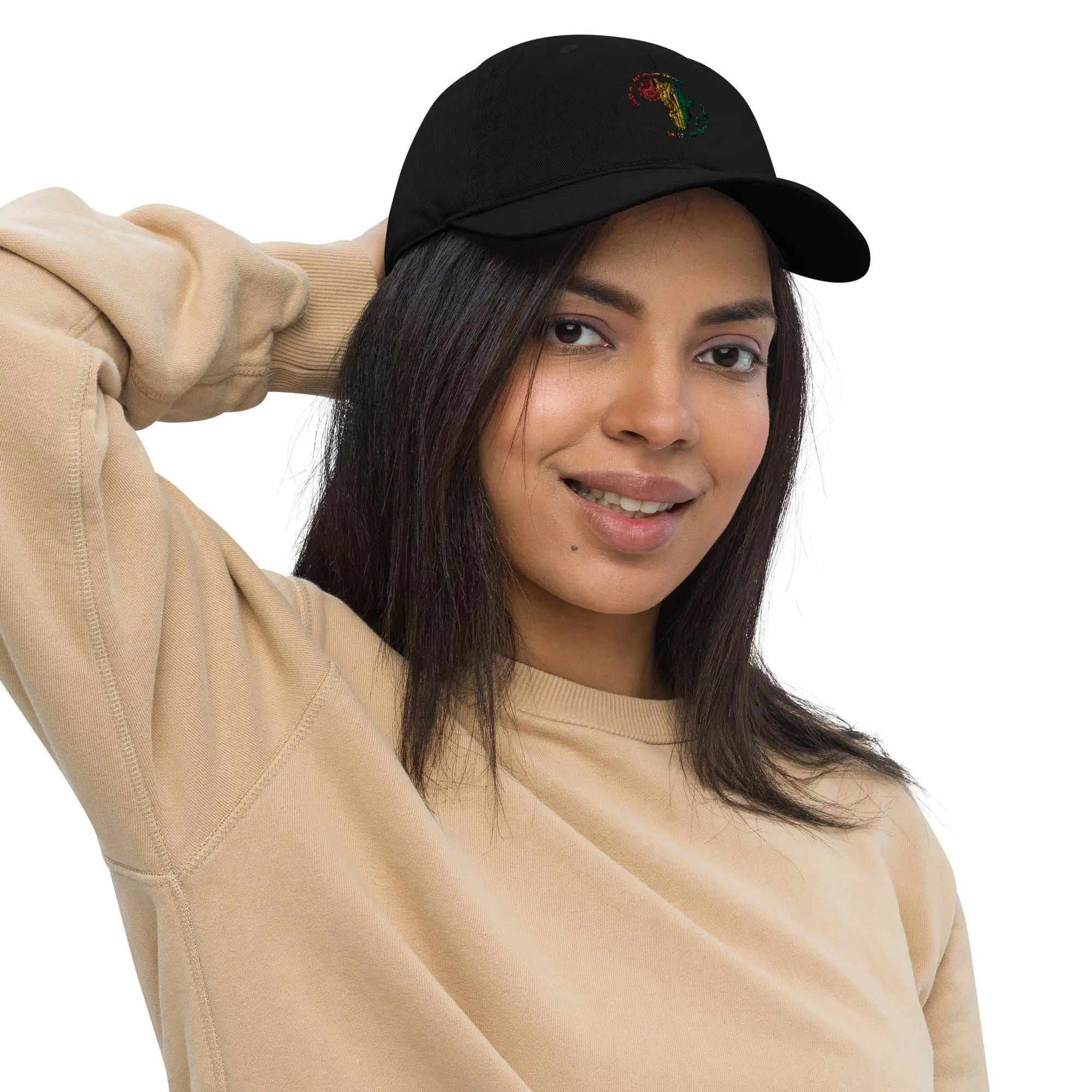 Woman wearing black organic cotton Africa dad hat with colorful embroidered map design