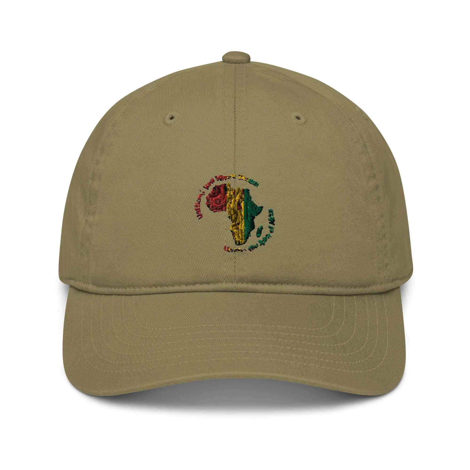 Organic Roots Of Africa dad hat in khaki with embroidered Africa map, made of 100% organic cotton, unstructured 6-panel design, adjustable closure