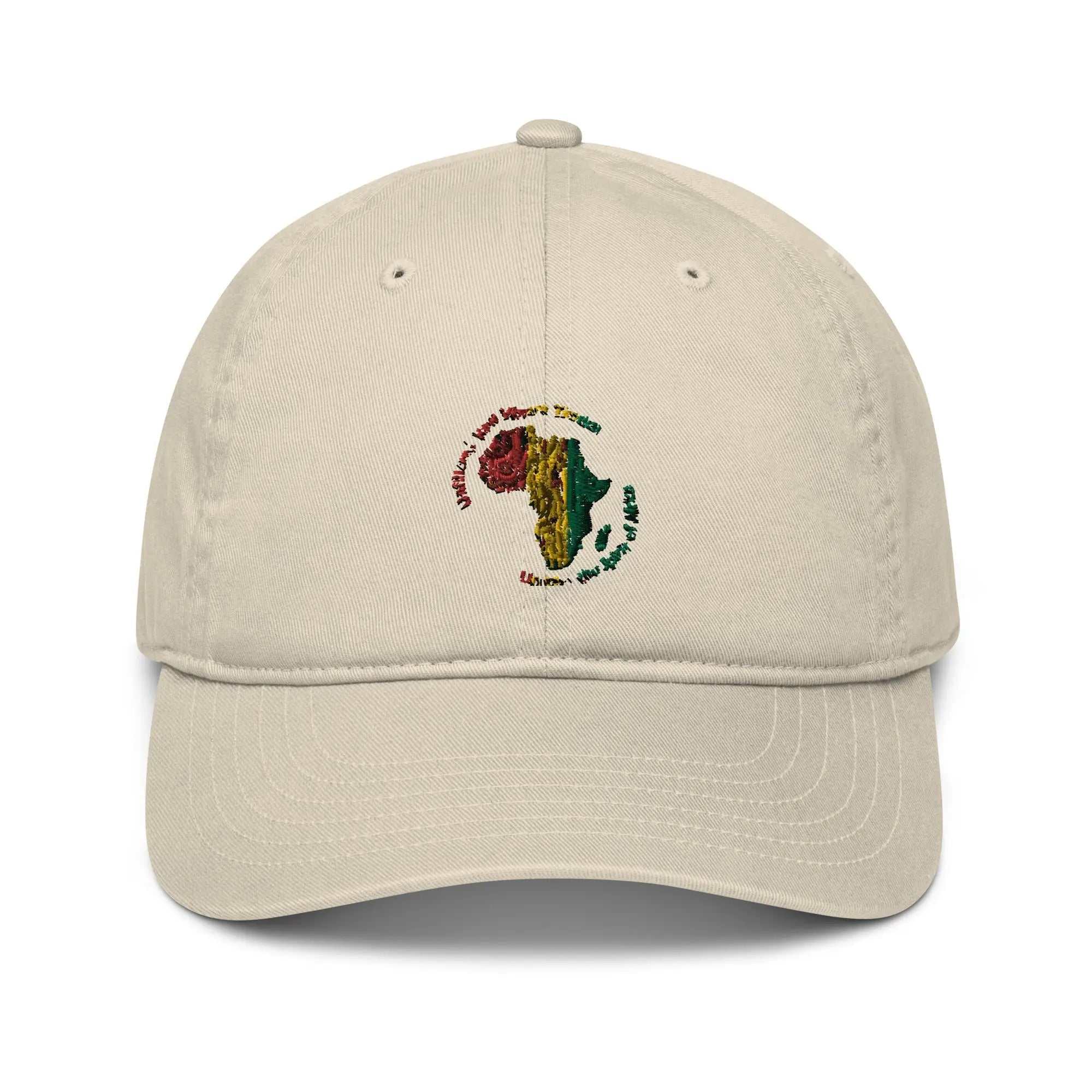 Organic Roots of Africa dad hat in beige with embroidered Africa map, made of 100% organic cotton, unstructured 6-panel eco-friendly design