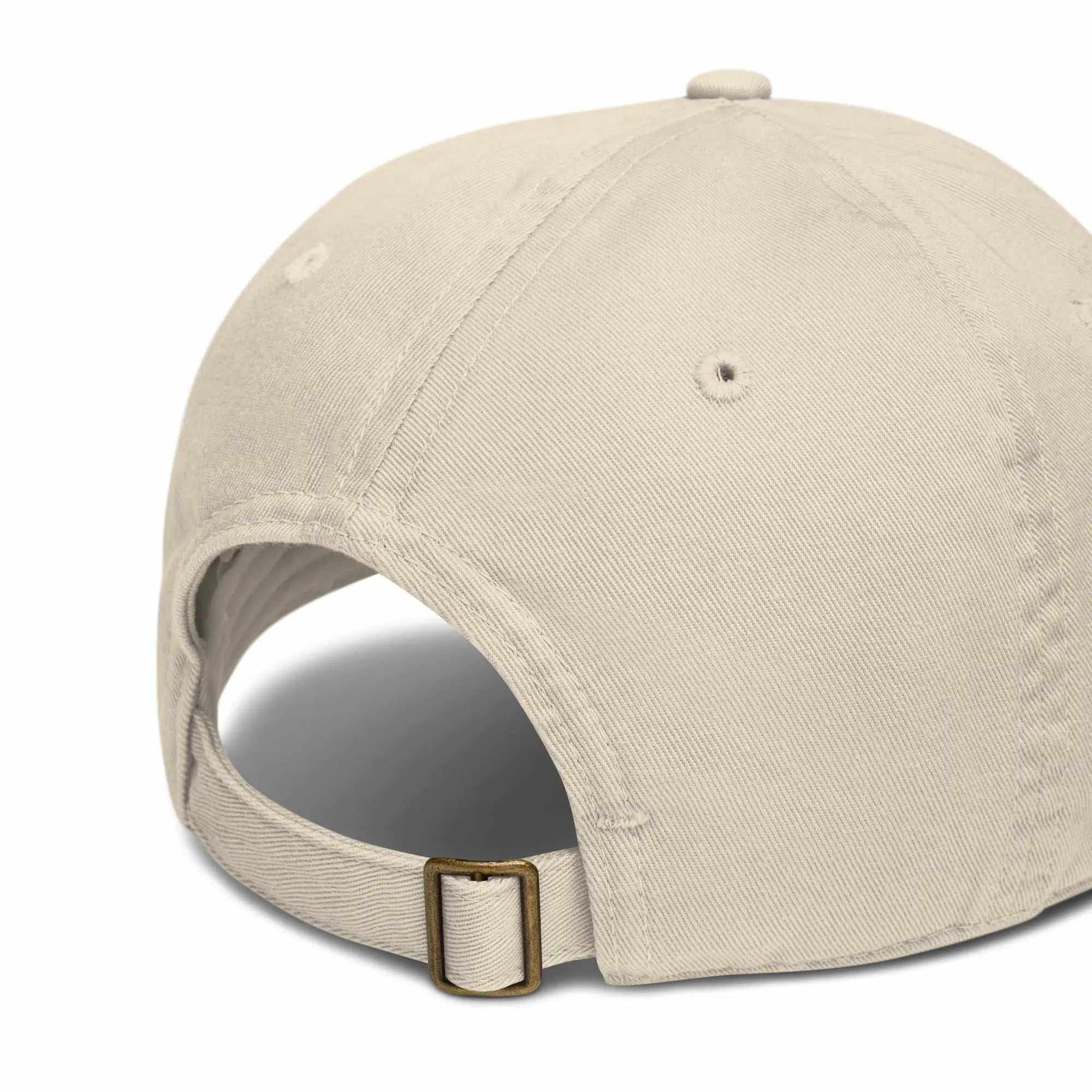 Back view of beige Organic Roots Of Africa Dad Hat made from 100% organic cotton with adjustable brass slider closure