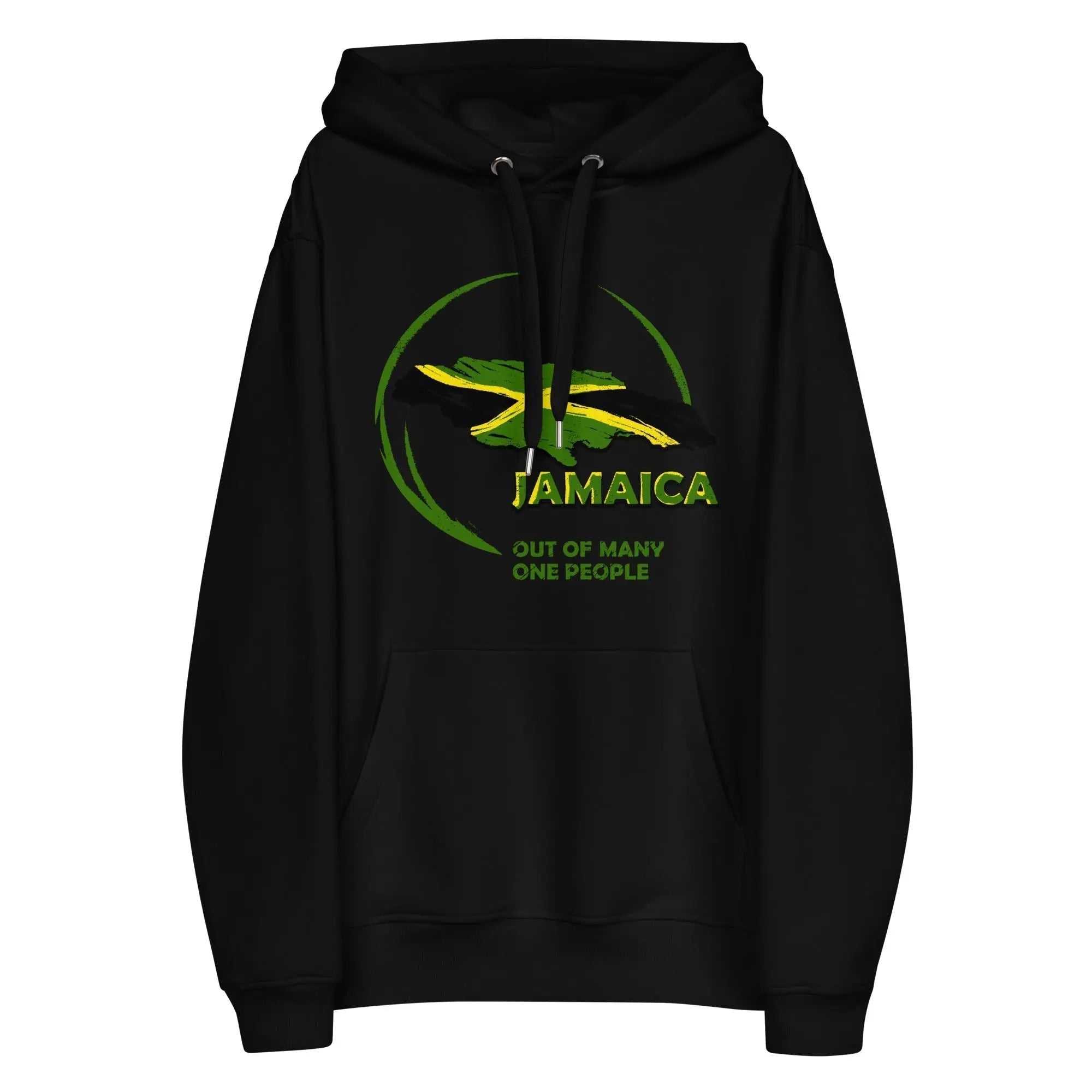 Hoodie with Jamaica map and "Out of Many, One People" slogan design