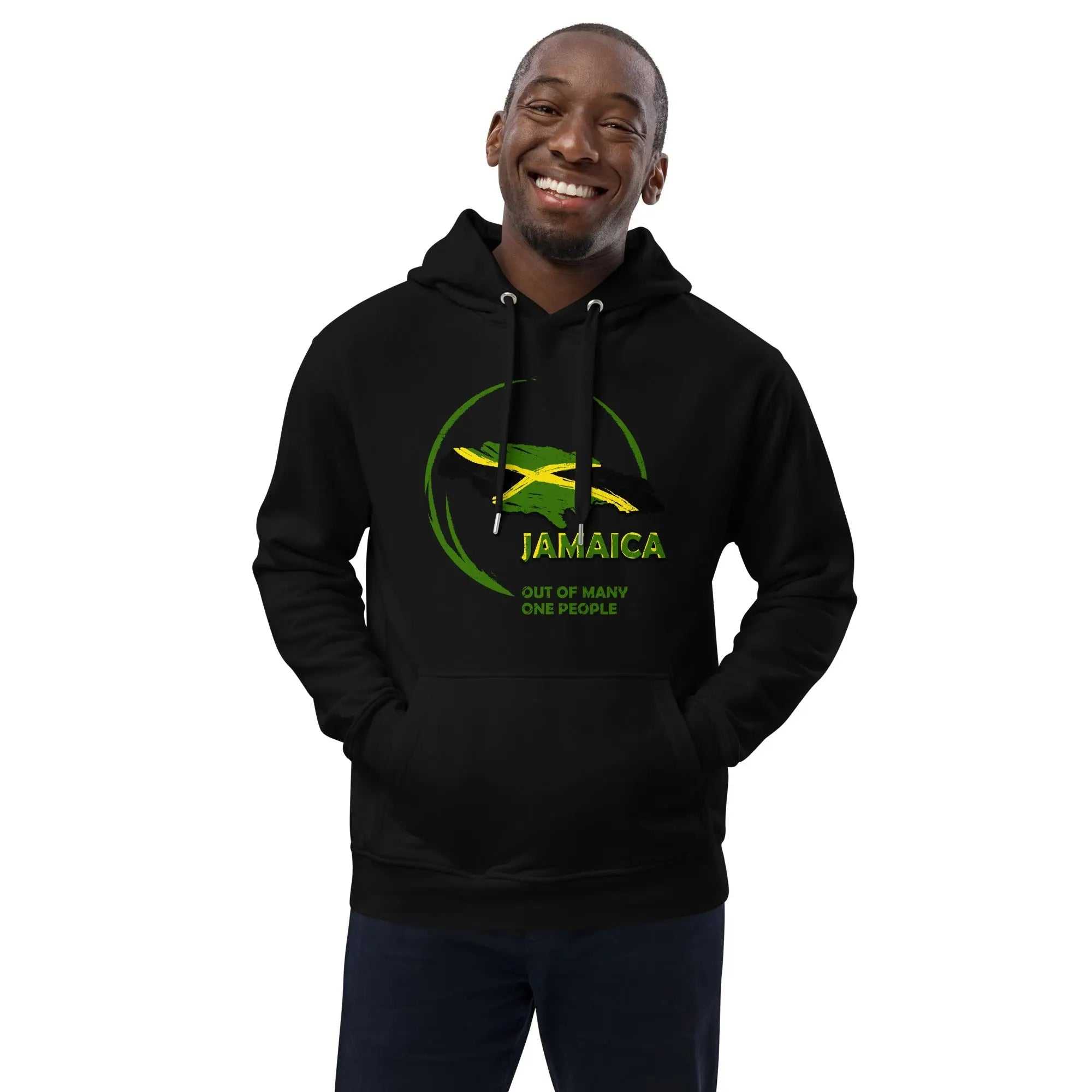 Black premium eco hoodie with Jamaica map and "Out of Many One People" slogan on front