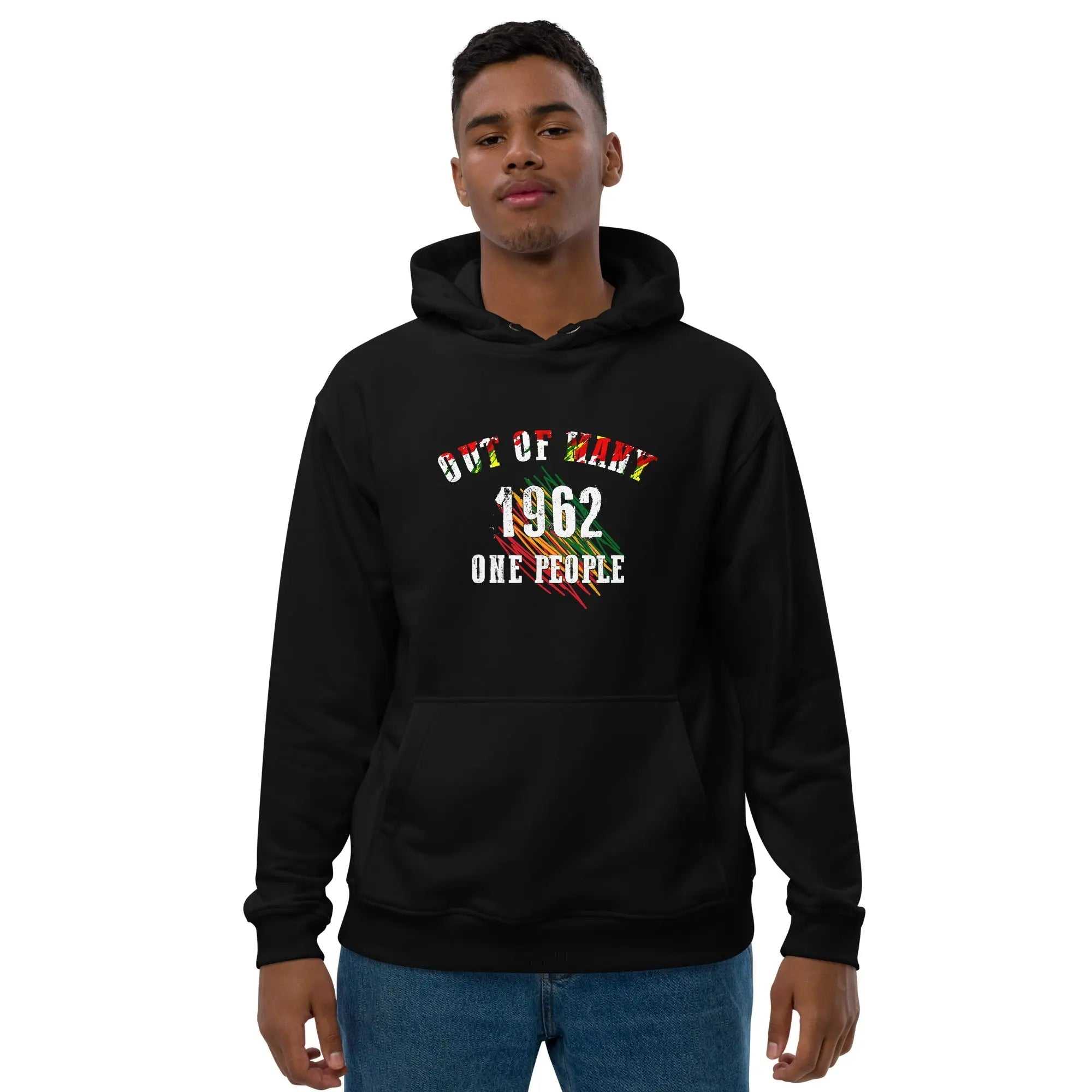 Black Out of Many One People Hoodie with 1962 Jamaican flag design, premium eco-friendly material