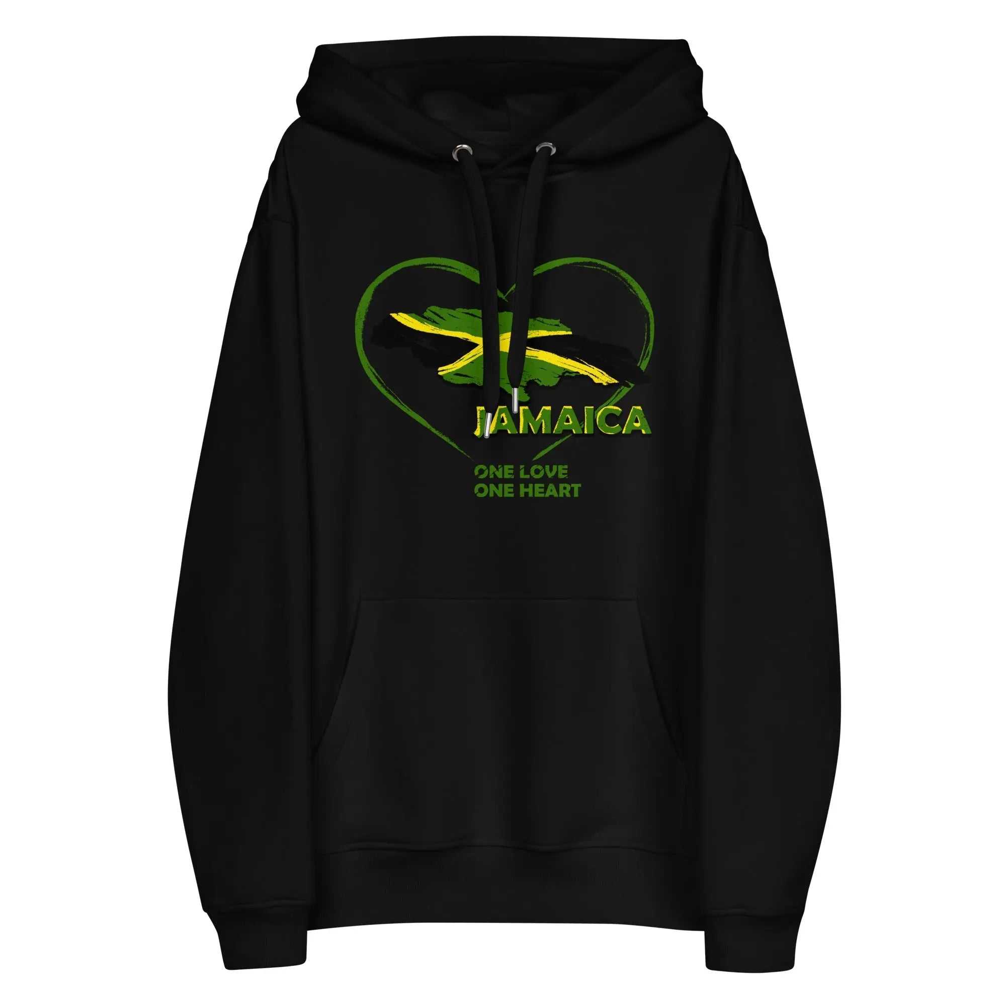 Black eco hoodie with heart-shaped Jamaican map and "One Love One Heart" text design
