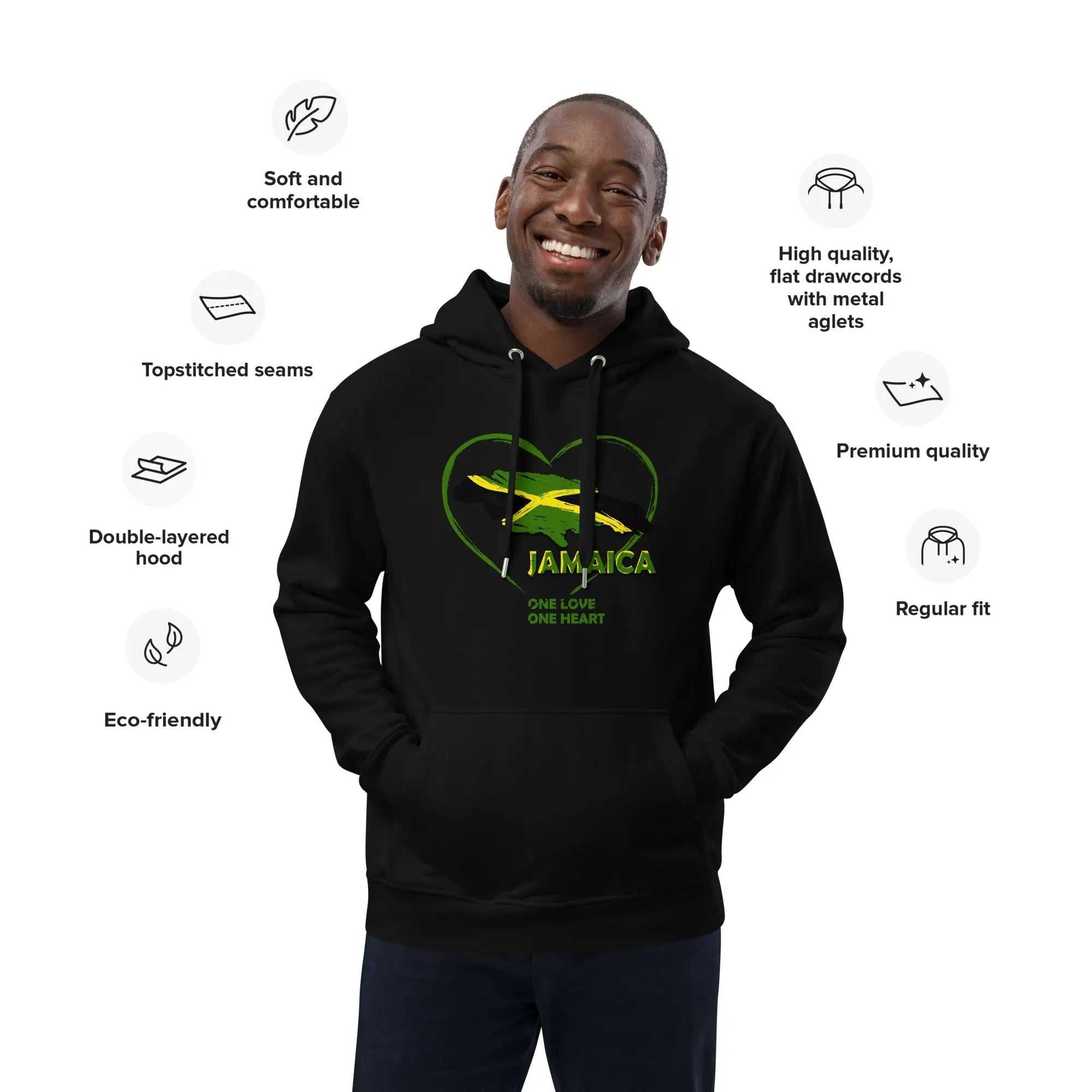 Man wearing black One Love One Heart eco hoodie with heart-shaped Jamaican flag design and front pouch pocket