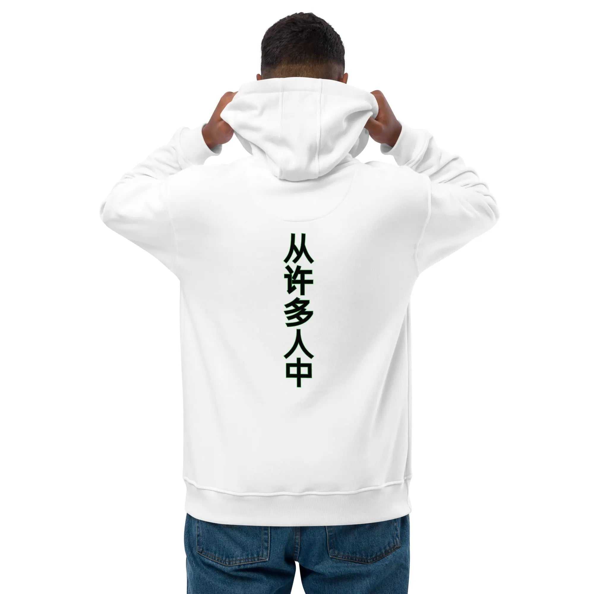 White eco-friendly hoodie with Chinese characters on the back, symbolizing unity and cultural diversity, Out of Many One People Hoodie design