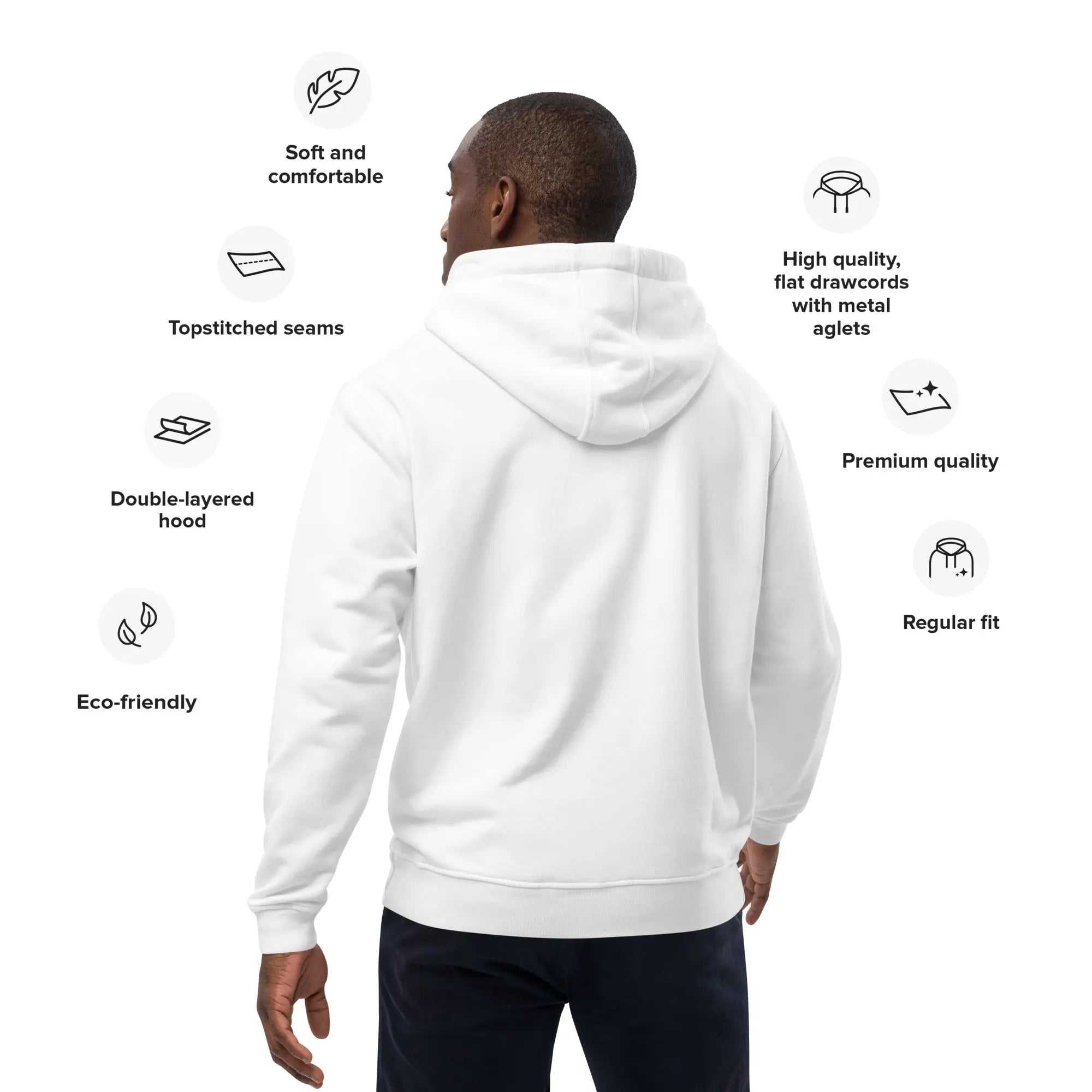 Back view of man wearing white eco-friendly One Love One Heart premium hoodie with double-layered hood and flat drawcords