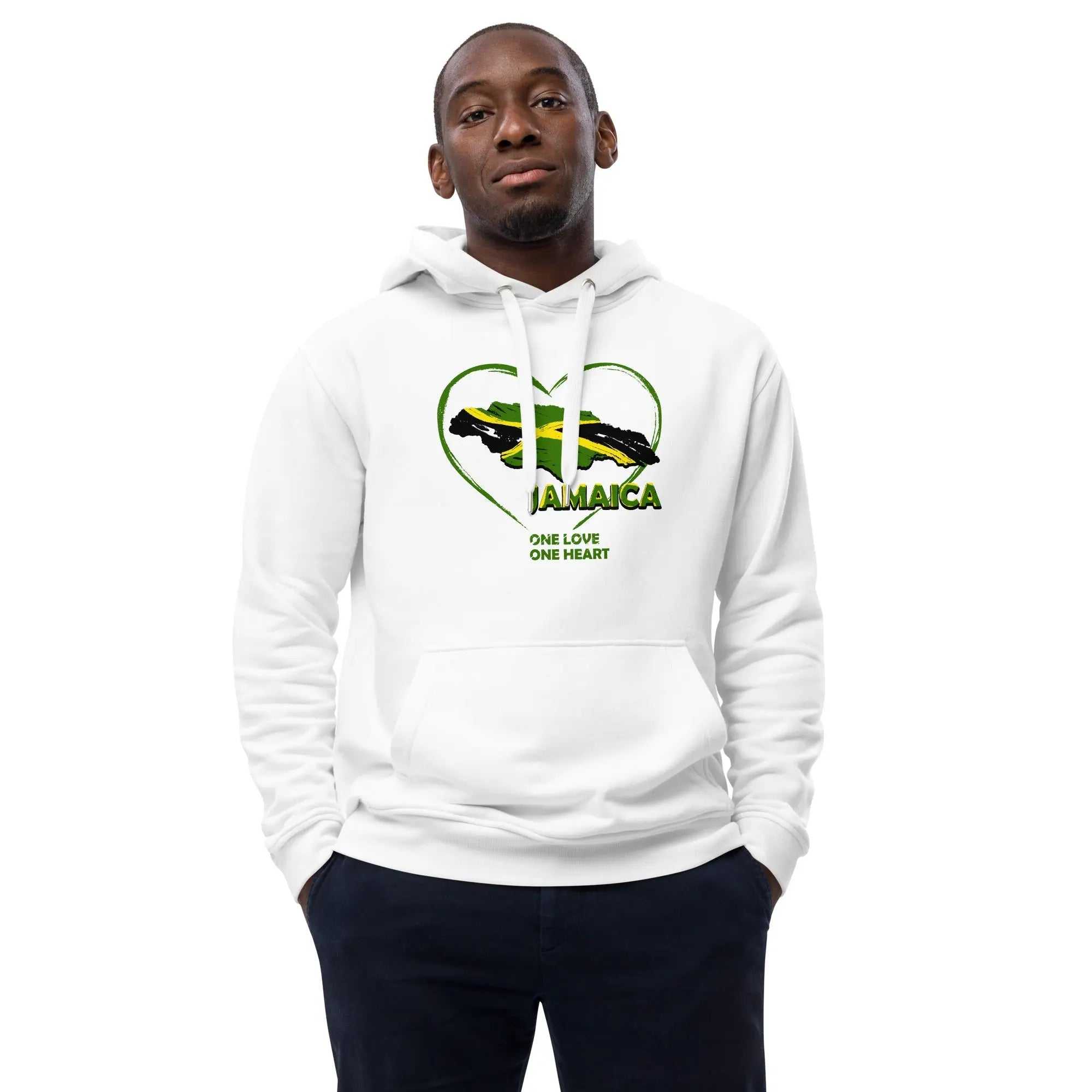Man wearing white eco hoodie with heart-shaped Jamaican map and One Love One Heart text