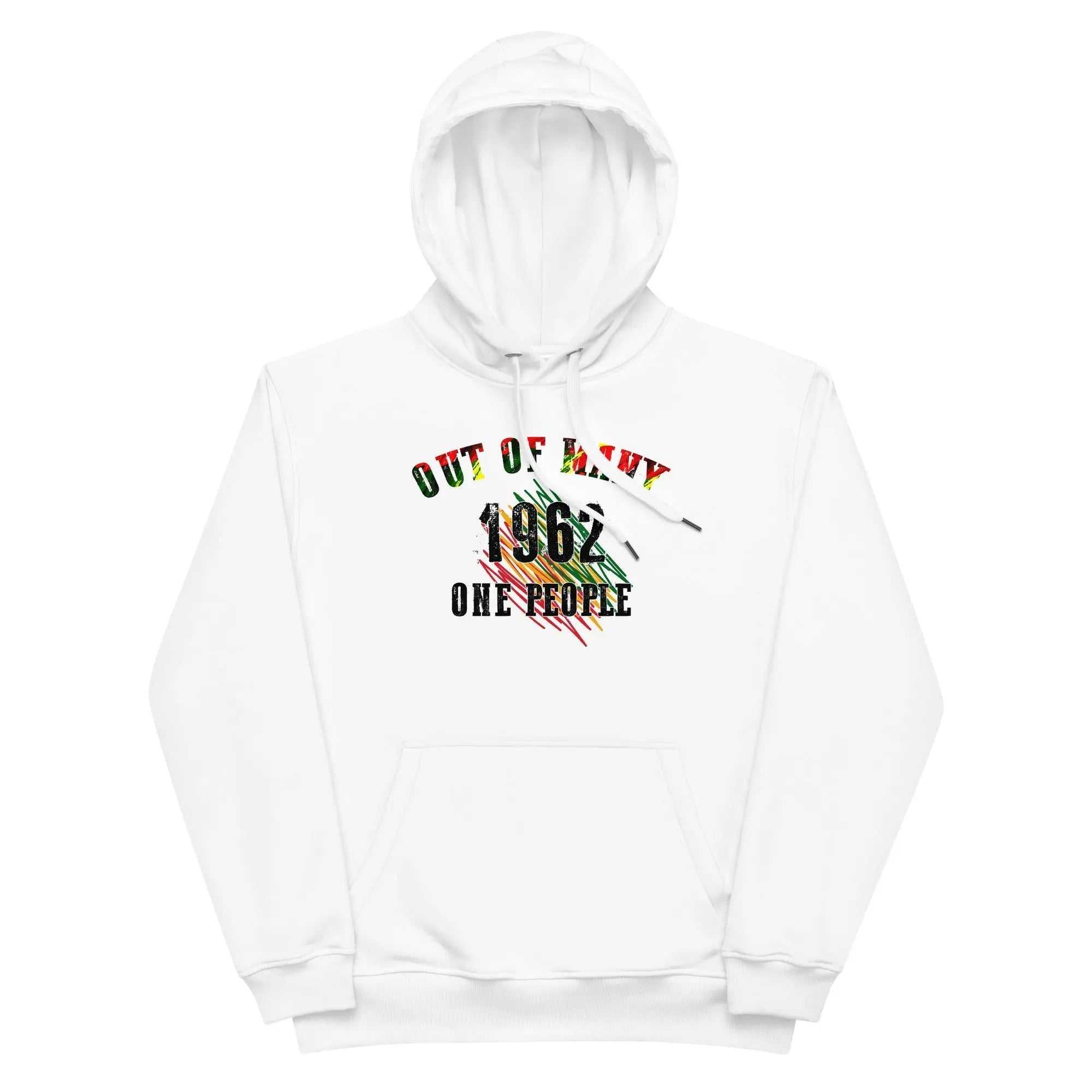 White eco-friendly hoodie with "Out Of Many One People 1962" design in red, green, and black colors celebrating Jamaican unity and independence.
