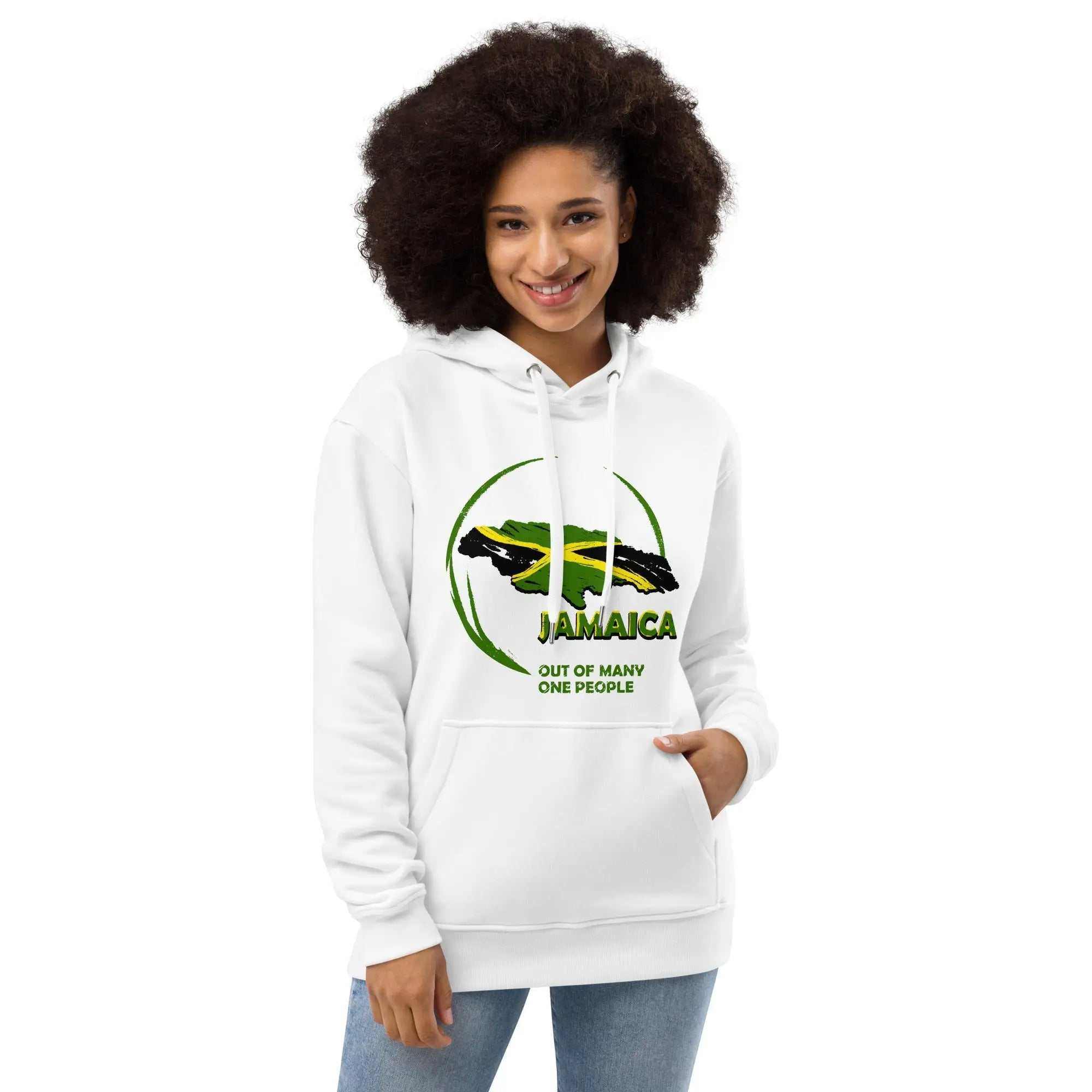 Woman wearing white Out of Many One People Hoodie with Jamaica map and motto design on front
