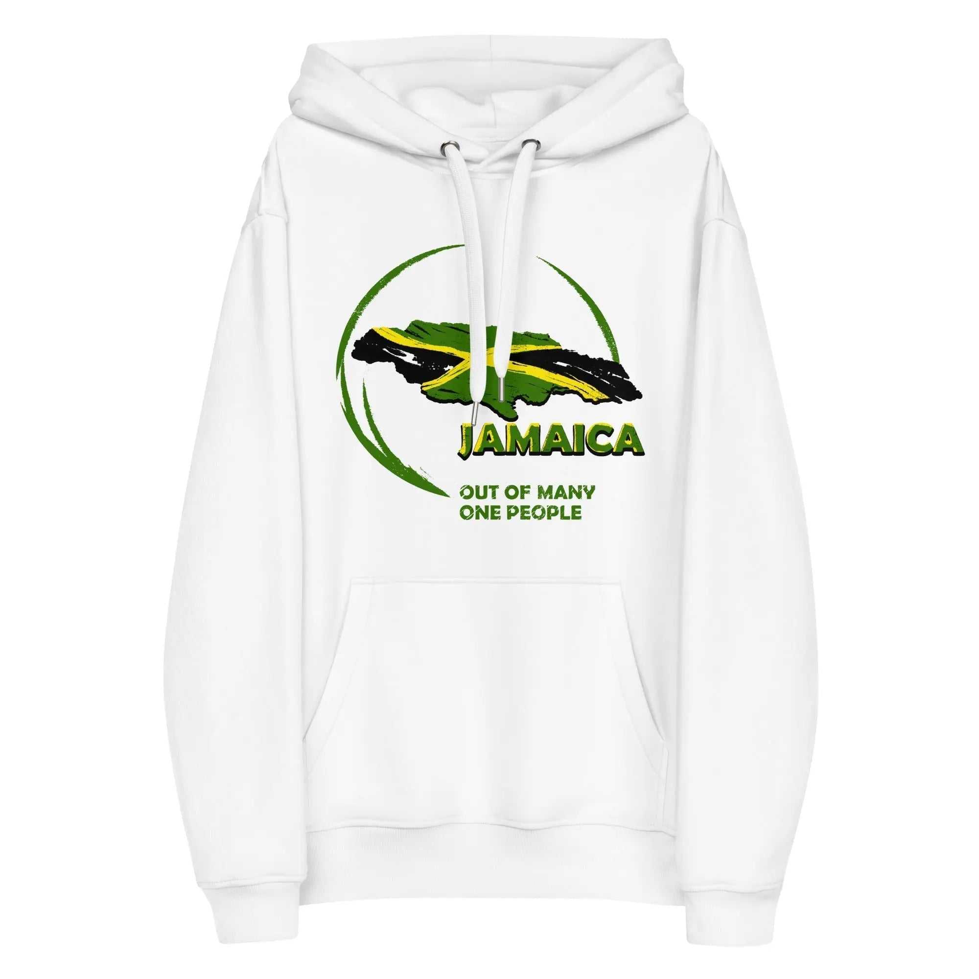 White eco hoodie with Jamaica map and "Out of Many One People" slogan design