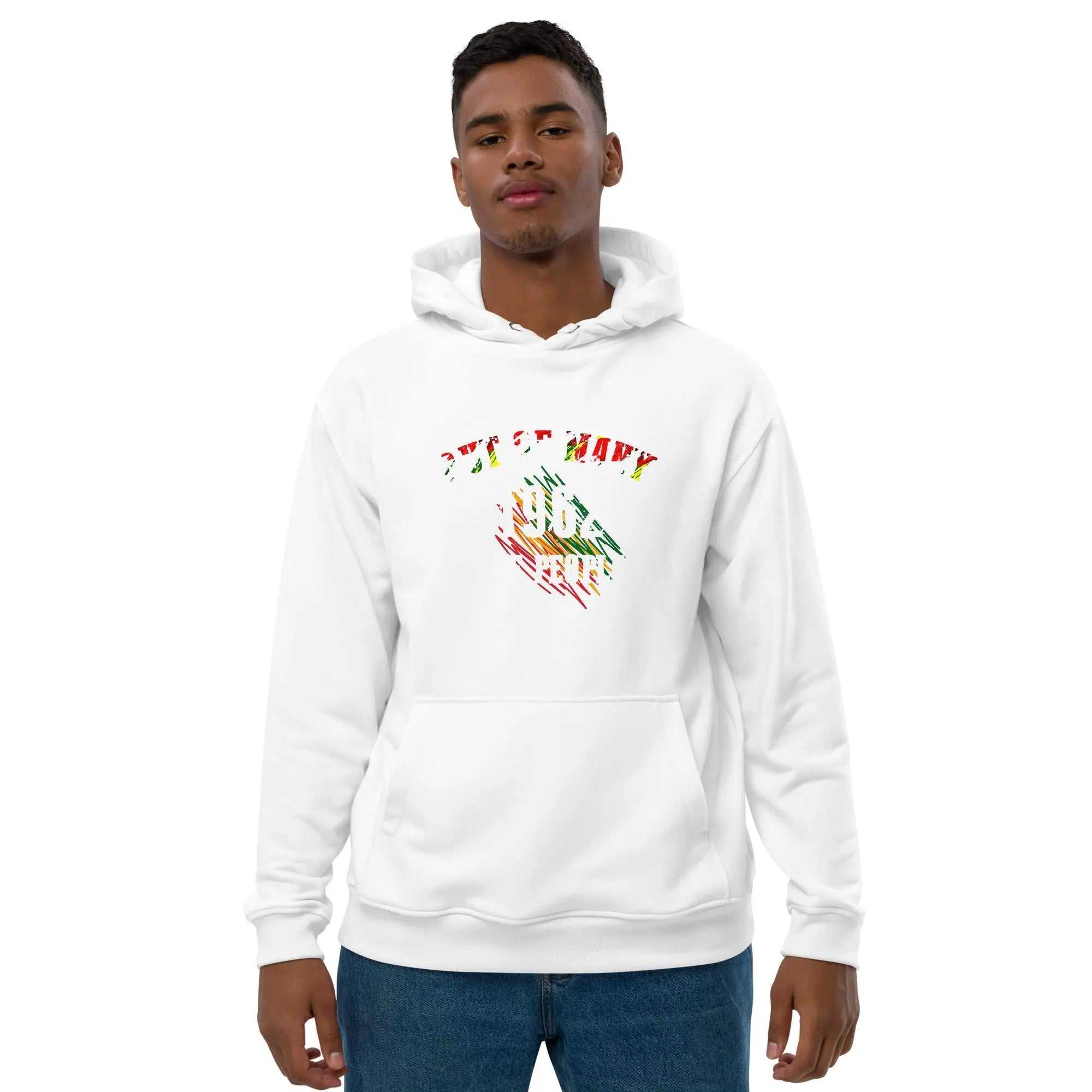 White Out of Many One People hoodie with Jamaican colors design worn by male model