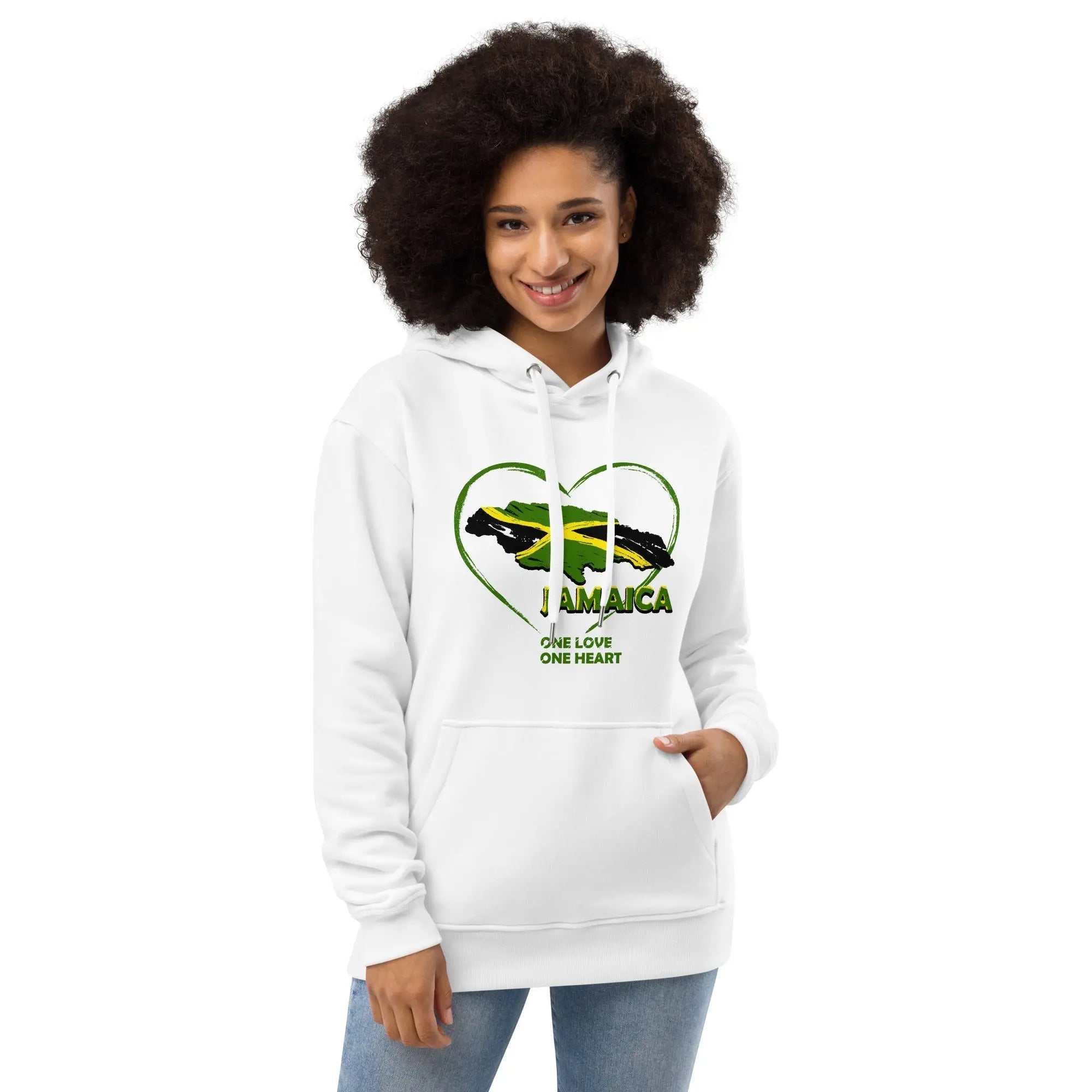 Woman wearing white One Love One Heart eco hoodie with heart-shaped Jamaican flag design