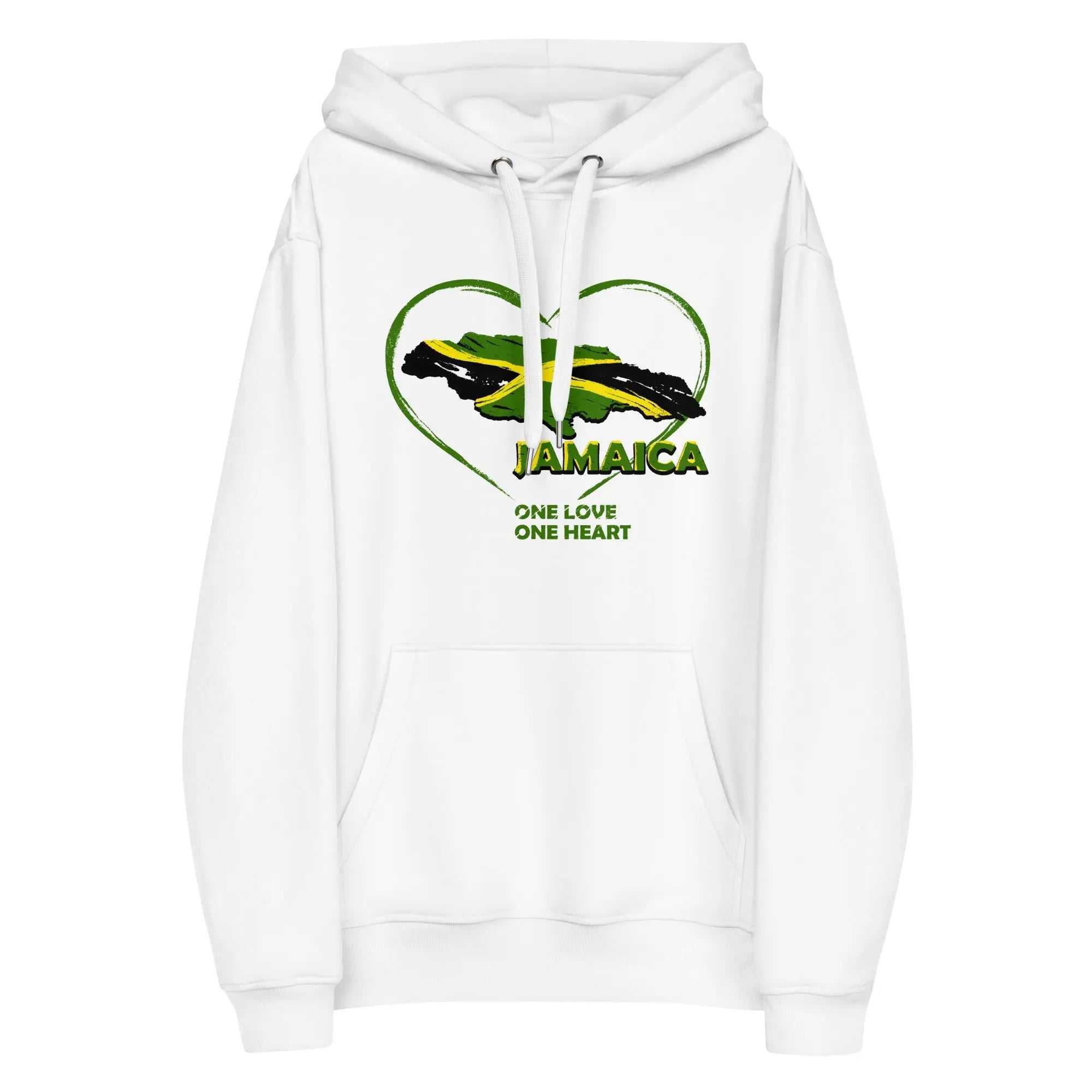 White eco hoodie with heart-shaped Jamaican map and "One Love One Heart" text design