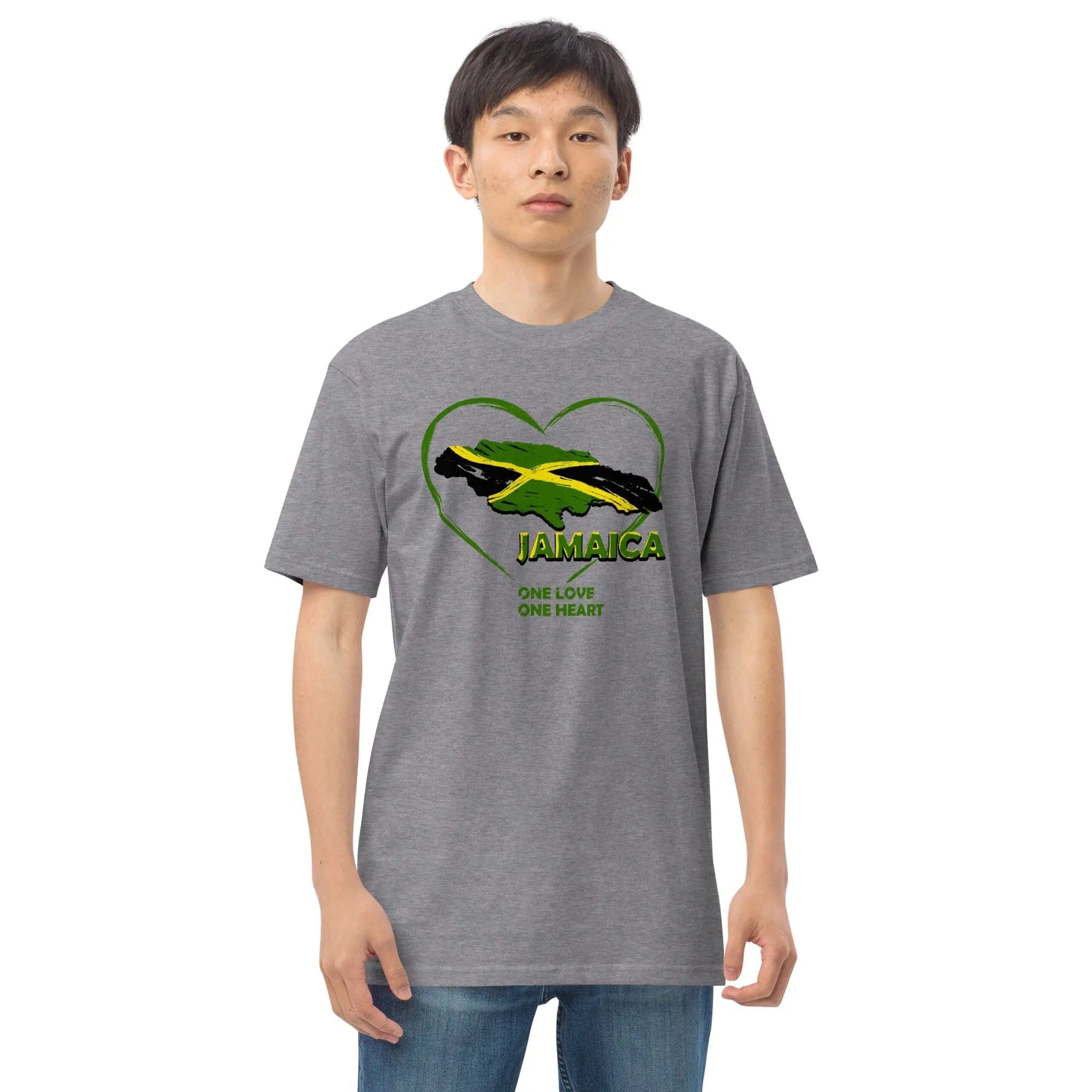 STYLISH3TEES.COM Jamaica One Love One Heart. Men’s Premium Heavyweight Tee