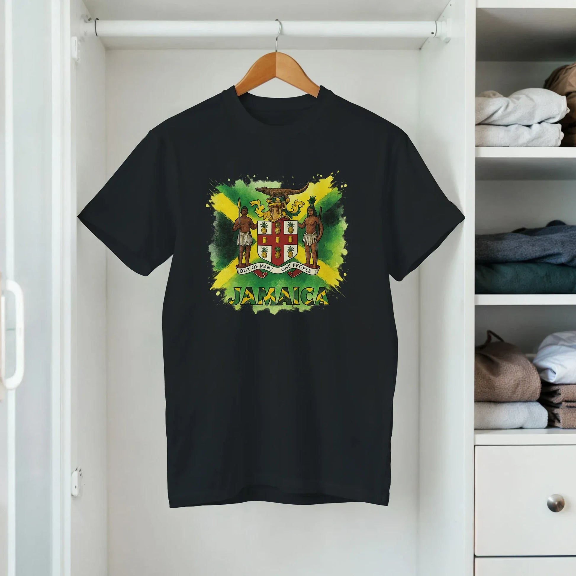 Stylish3Tees.com Print Material Jamaica Out Of Many On People SR3 Classic Womens Crewneck T-shirt | Gildan® 64000L Black