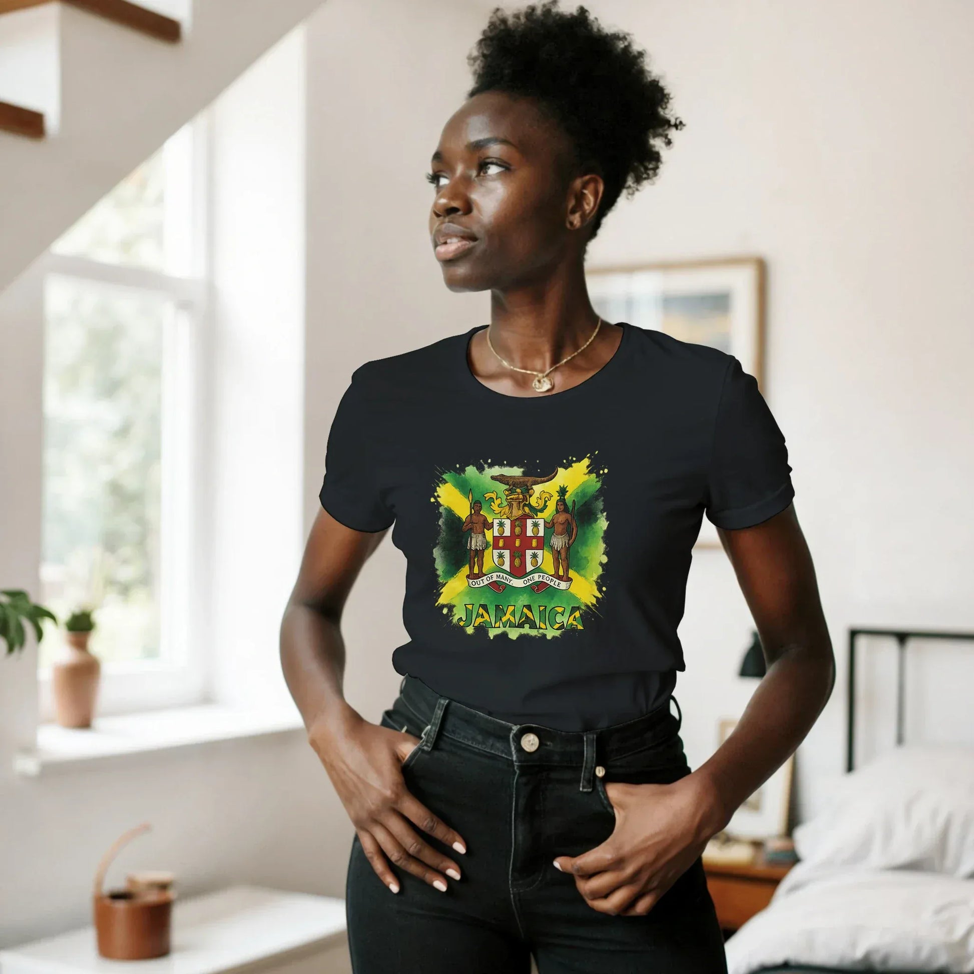 Stylish3Tees.com Print Material Jamaica Out Of Many On People SR3 Classic Womens Crewneck T-shirt | Gildan® 64000L Black