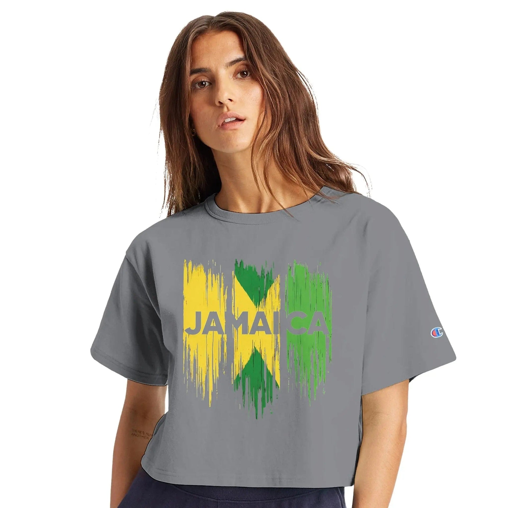 Stylish3Tees.com Print Material oxford gray / XS Jamaica Raw Unfiltered Women's Cropped Heritage Crewneck T-Shirt | Champion T453W