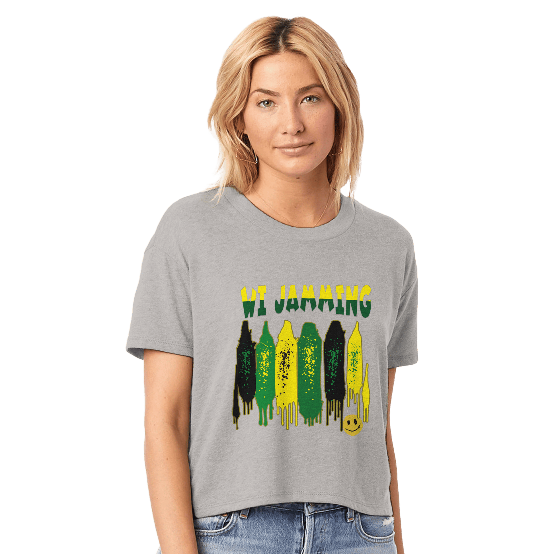 Stylish3Tees.com Print Material smoke grey / XS WI Jamming Jamaica" Women's Headliner Cropped Crewneck T-Shirt | Alternative 5114BP