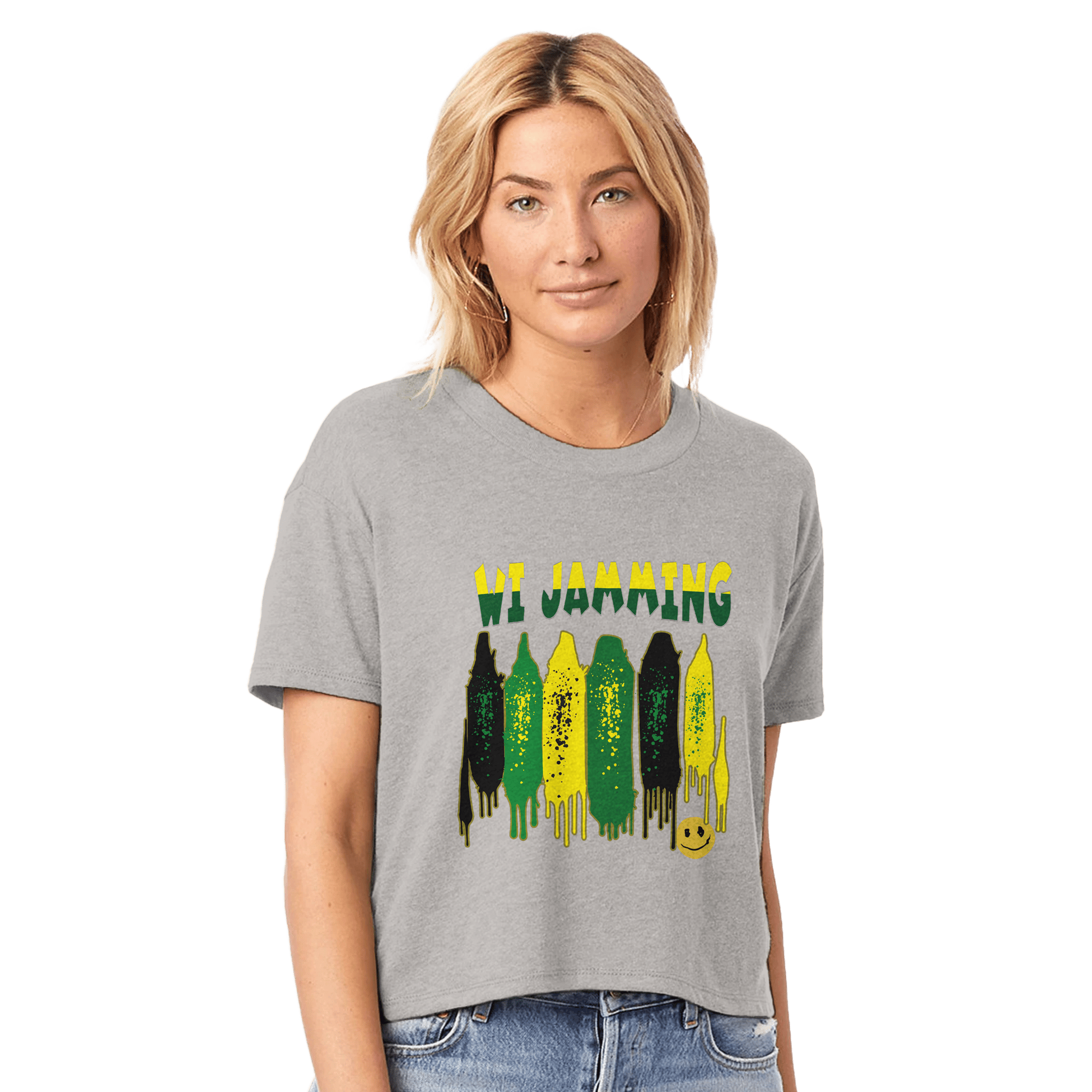 Stylish3Tees.com Print Material smoke grey / XS WI Jamming Jamaica" Women's Headliner Cropped Crewneck T-Shirt | Alternative 5114BP