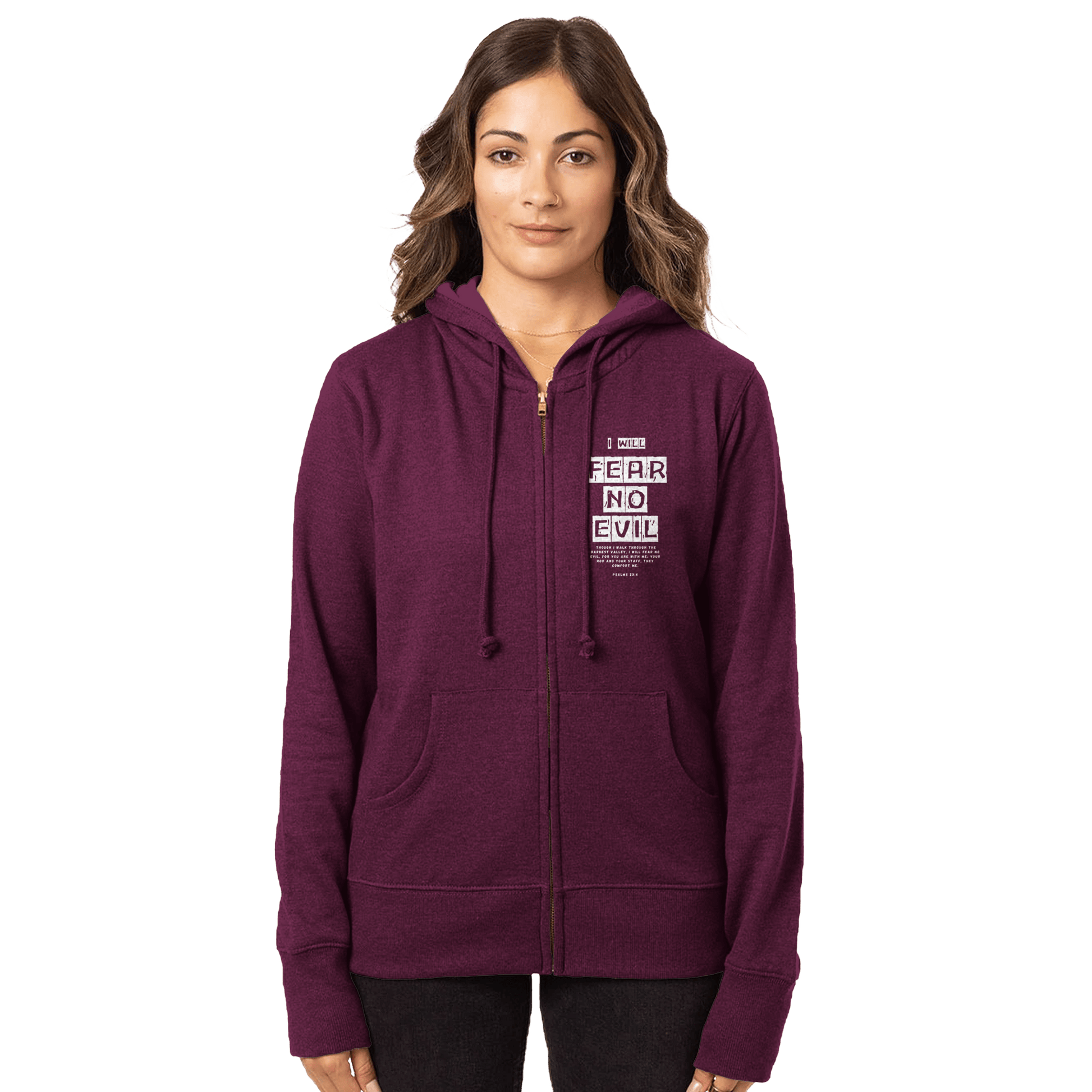 Stylish3Tees.com T-Shirts S / Berry I Will Fear No Evil Organic Women's Heathered Zip Hoodie | Econscious EC4580