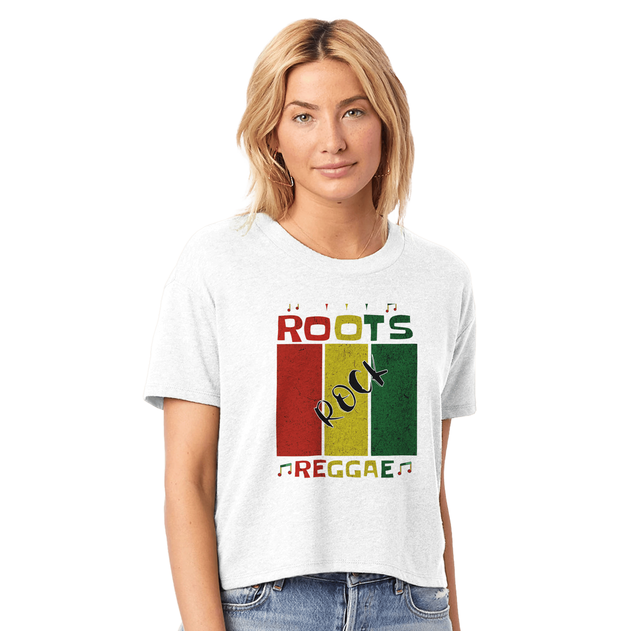 Stylish3Tees.com T-Shirts White / XS Roots Rock Reggae Jamaica Women's Headliner Cropped Crewneck T-Shirt | Alternative 5114BP