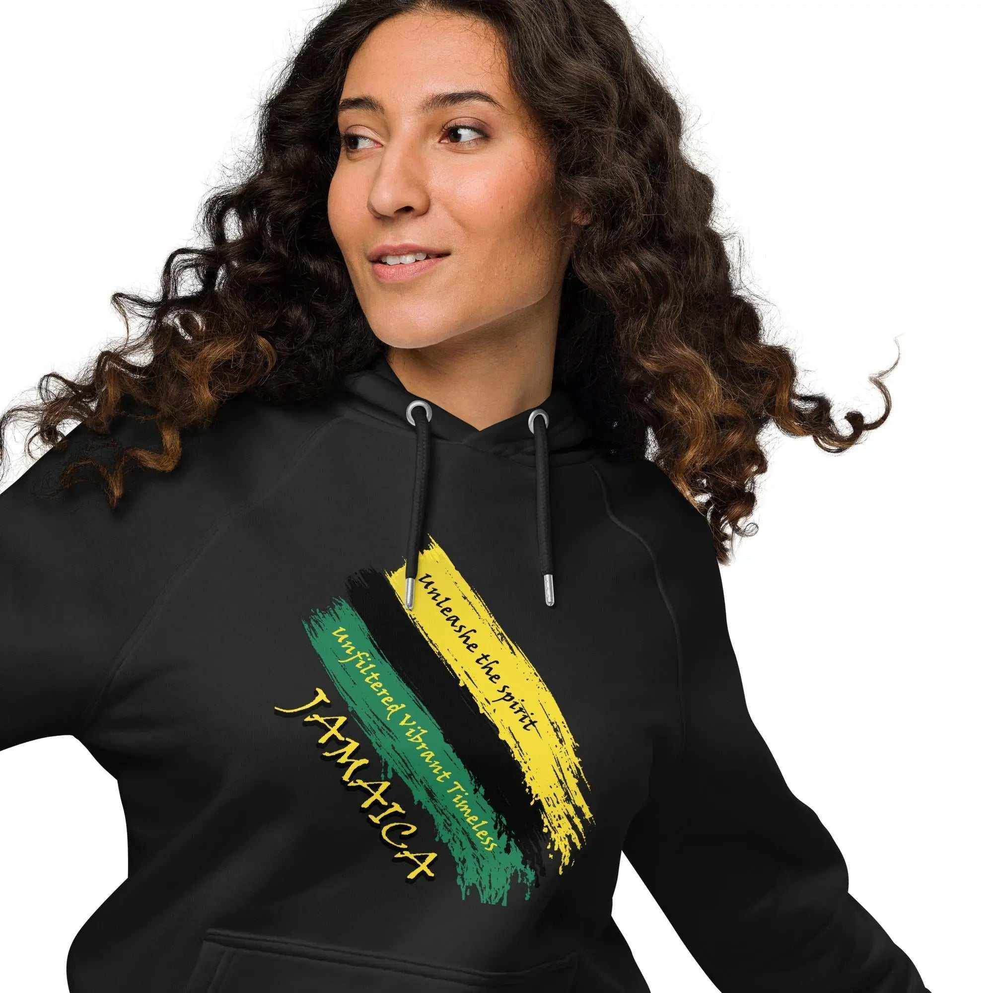 Jamaica Unfiltered Brushstroke Flag design on unisex eco raglan hoodie in black, green, and gold colors