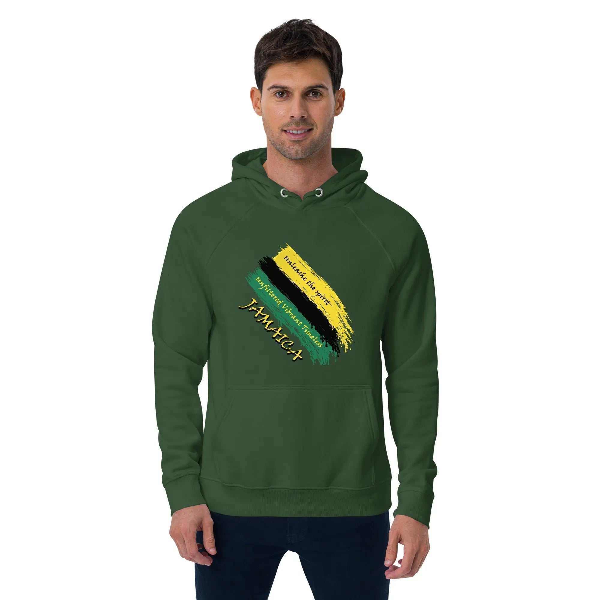 Green unisex raglan hoodie with Jamaica Unfiltered Brushstroke Flag design and script slogan