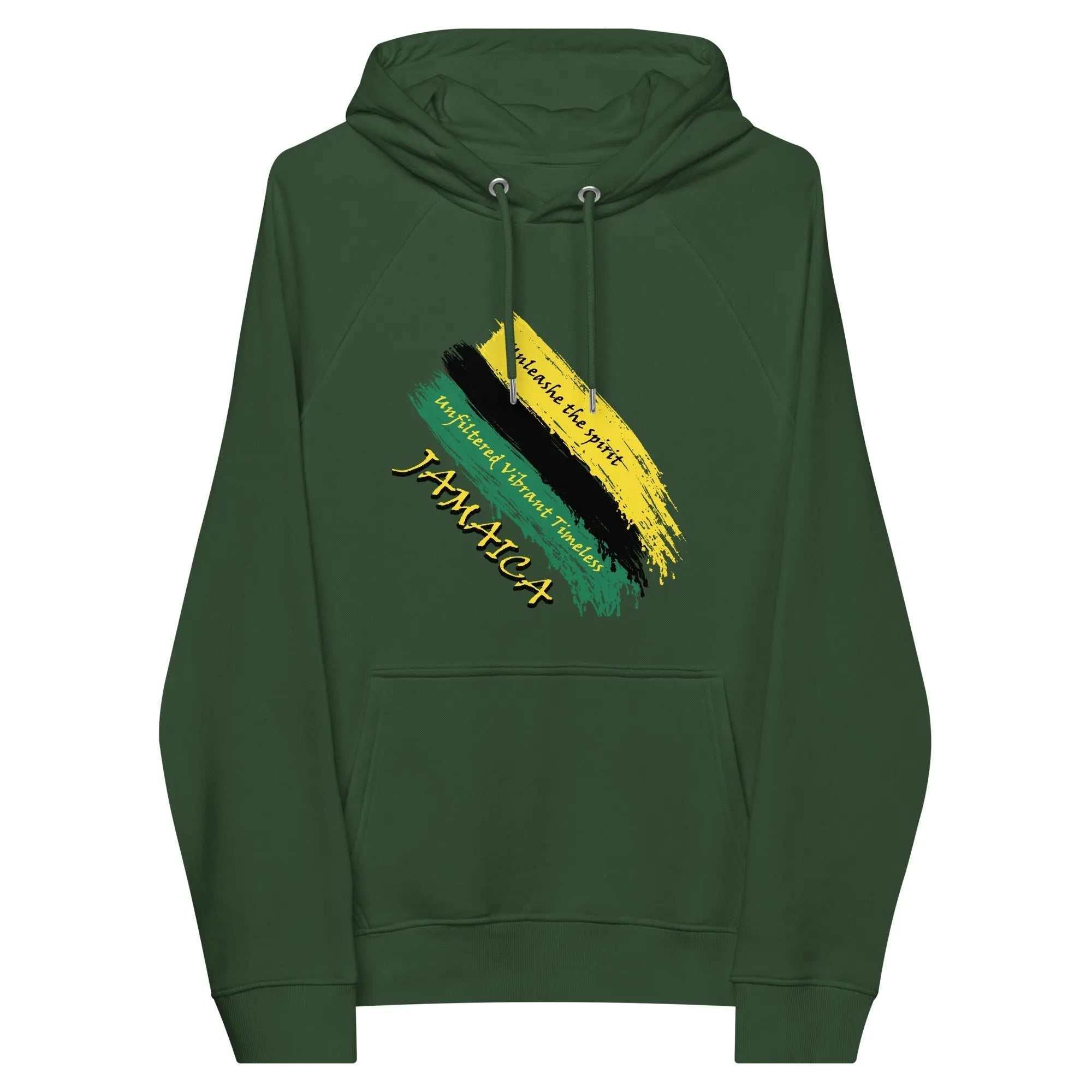 Unisex eco raglan hoodie with Jamaica Unfiltered Brushstroke Flag design in black, gold, and green on dark green fabric