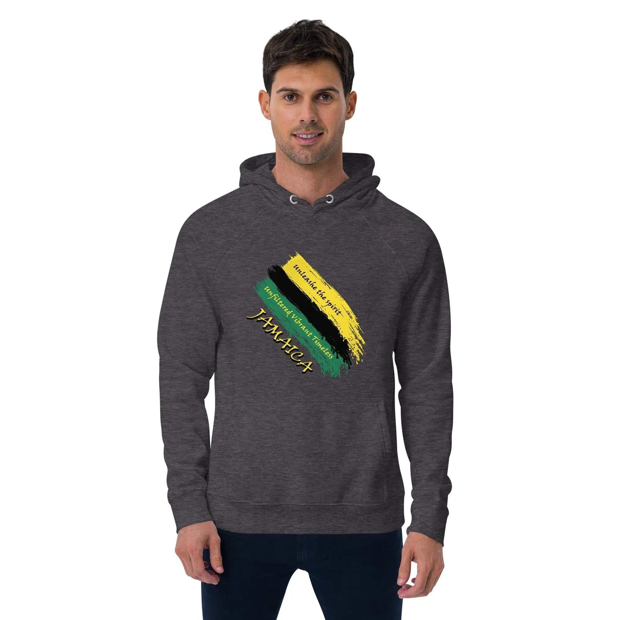 Jamaica Unfiltered Brushstroke Flag eco raglan hoodie in charcoal with vibrant black, gold, and green brushstroke design, unisex fit and cozy fabric