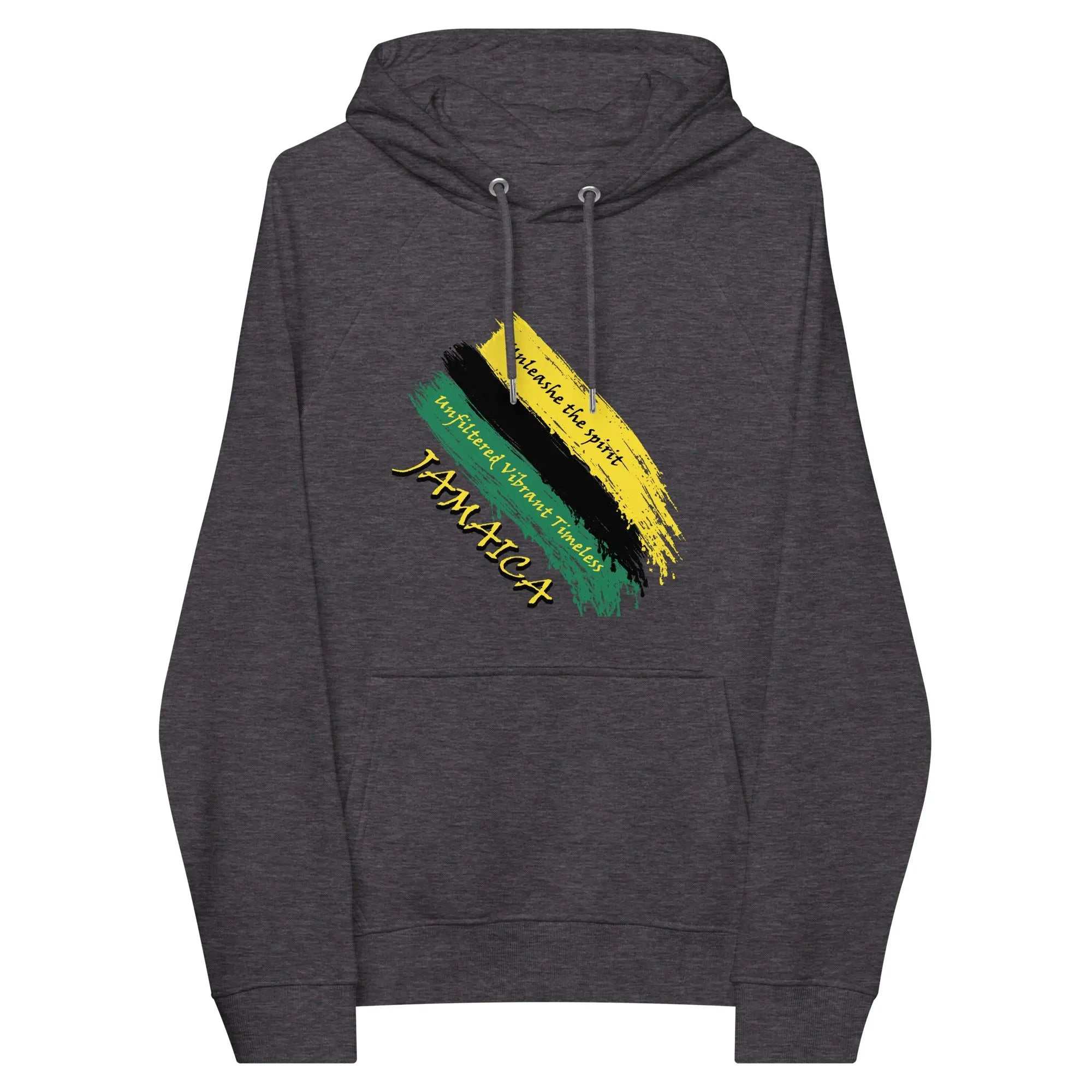 Charcoal eco raglan hoodie with Jamaica Unfiltered Brushstroke Flag design in black, gold, and green colors