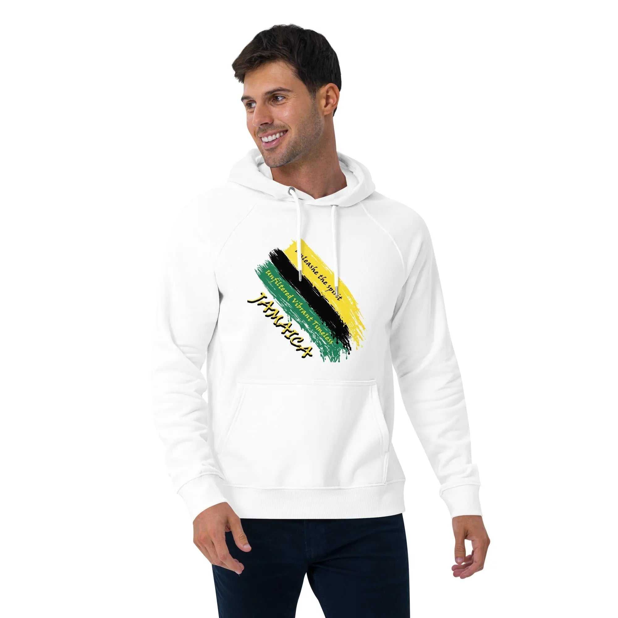 Jamaica Unfiltered Brushstroke Flag design on white eco raglan hoodie worn by smiling man