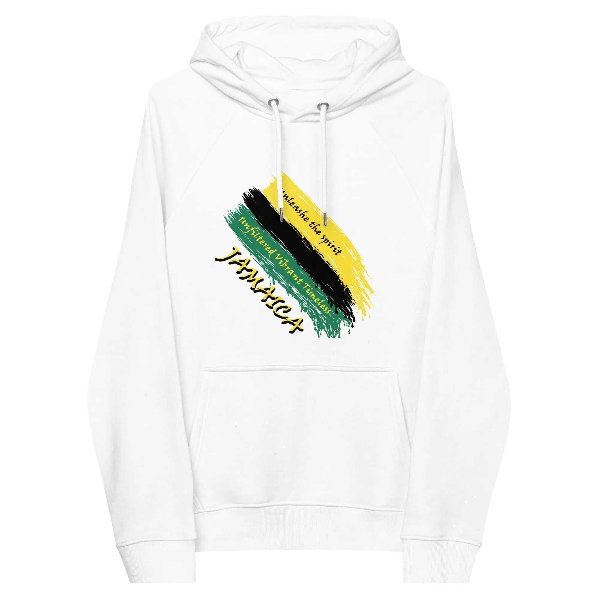 White unisex eco raglan hoodie with Jamaica Unfiltered Brushstroke Flag design in black, gold, and green.
