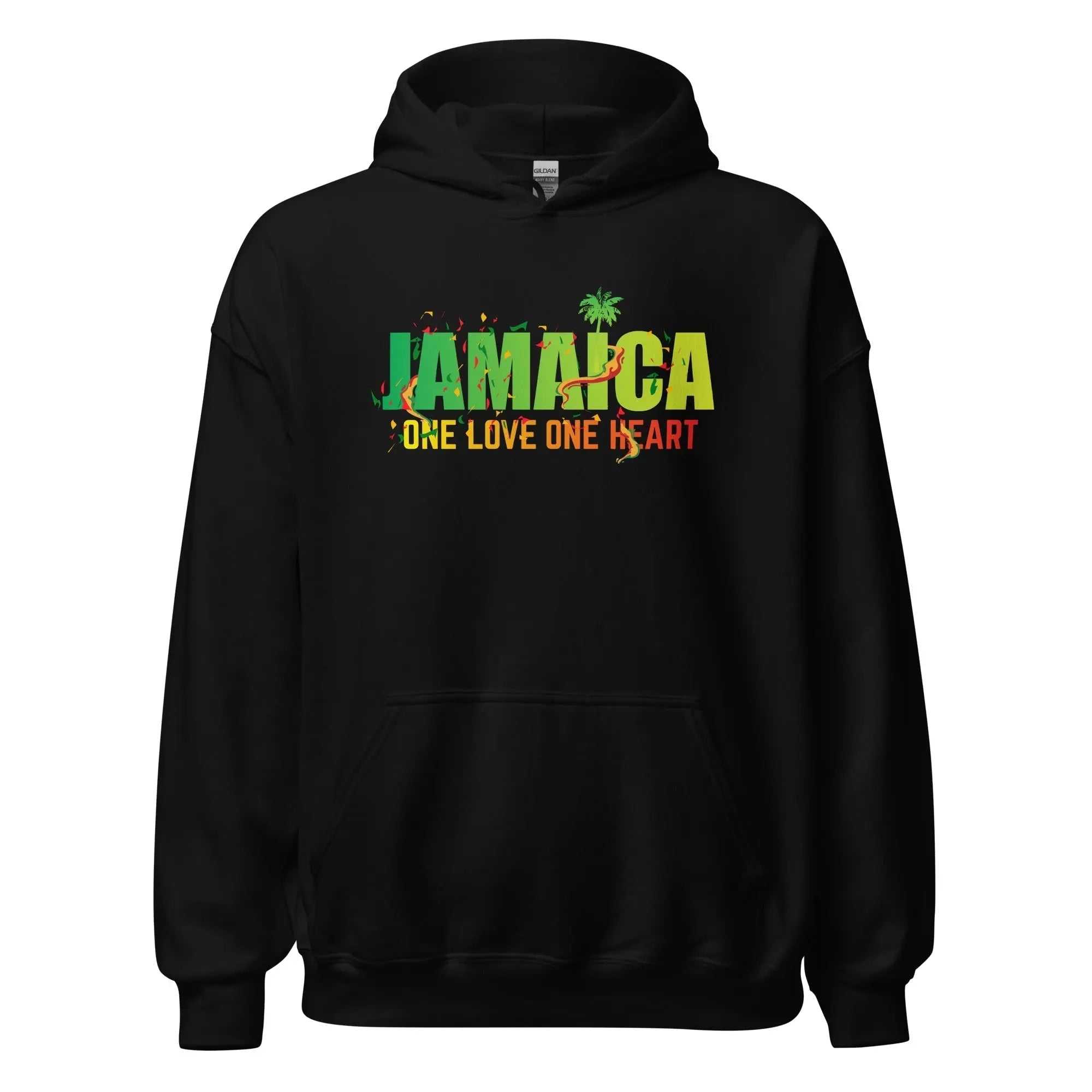 Black unisex hoodie with Jamaica One Love One Heart design and palm tree graphic