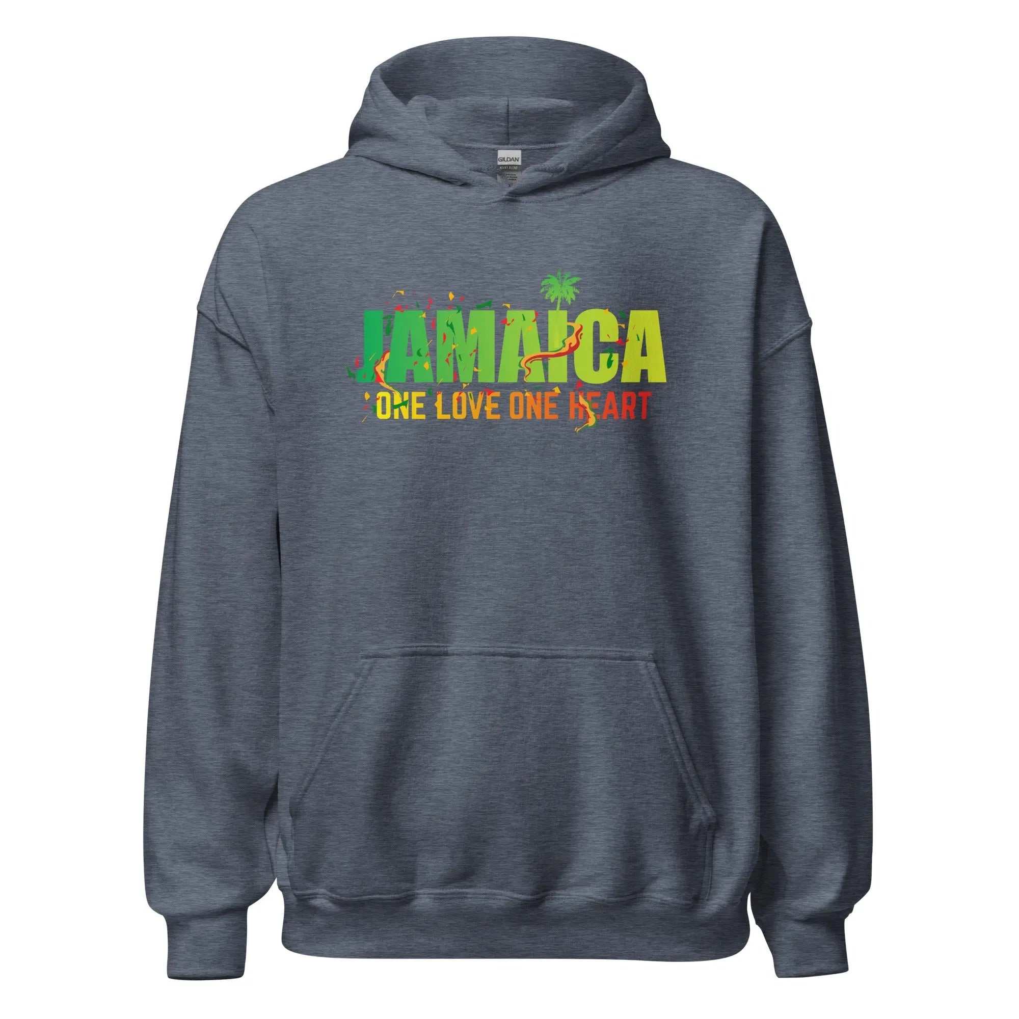 gray unisex hoodie with Jamaica One Love One Heart colorful text and palm tree graphic