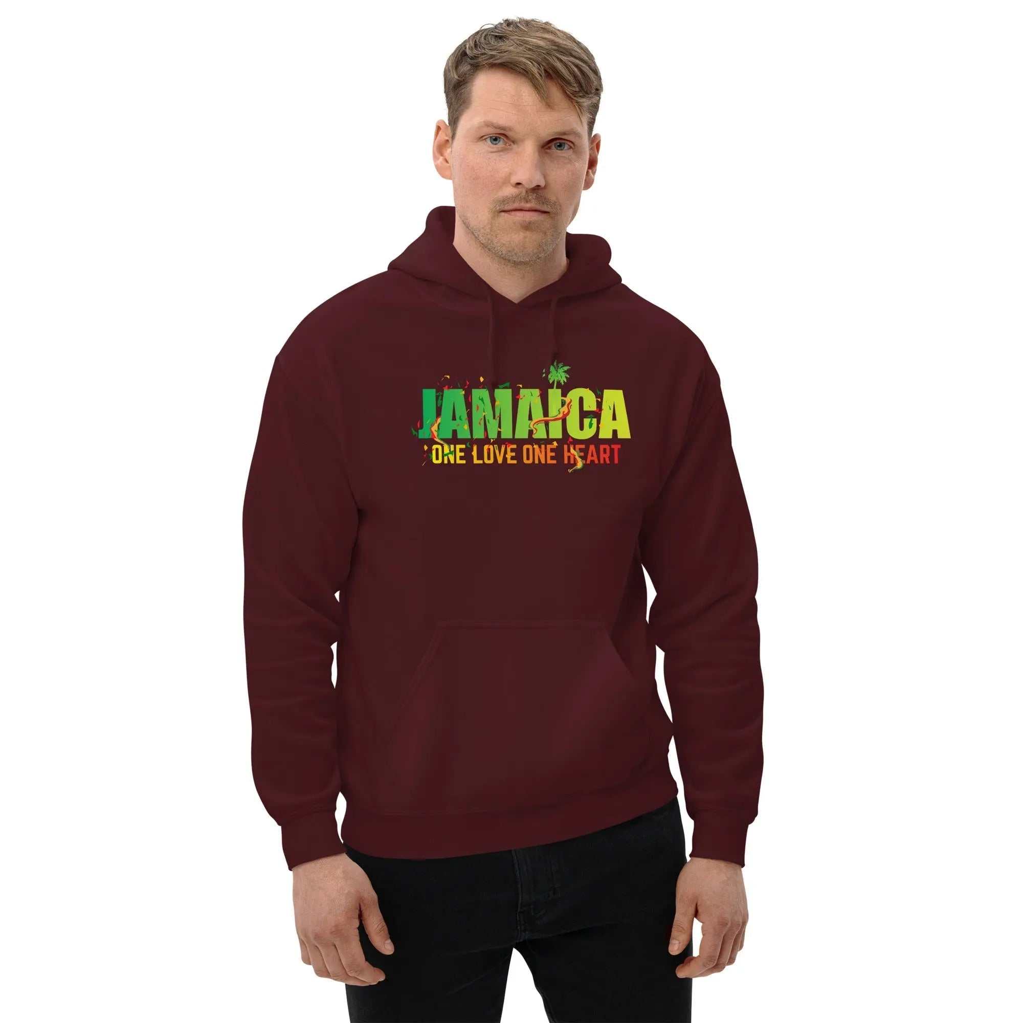 Maroon unisex hoodie with Jamaica One Love One Heart colorful text and palm tree design