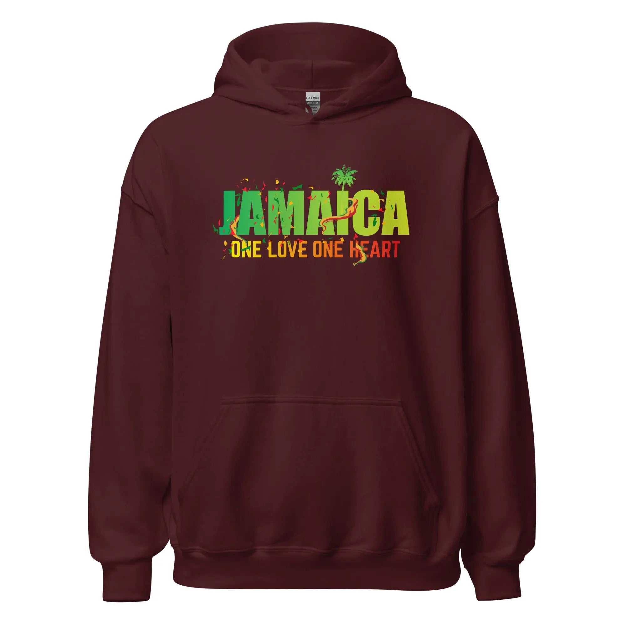 One Love One Heart Hoodie maroon with Jamaica text and palm tree design