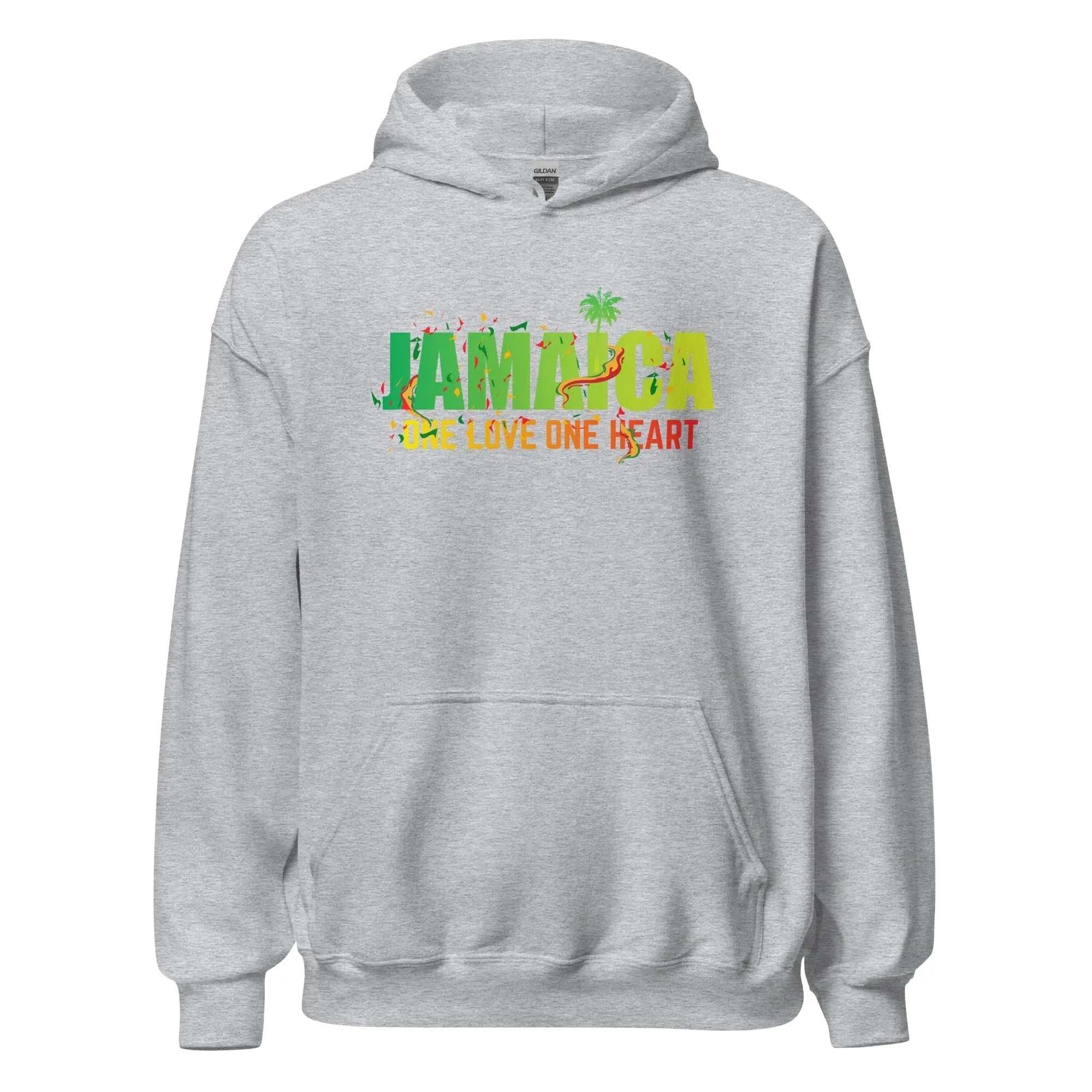 Gray unisex hoodie with vibrant Jamaica One Love One Heart text and palm tree design