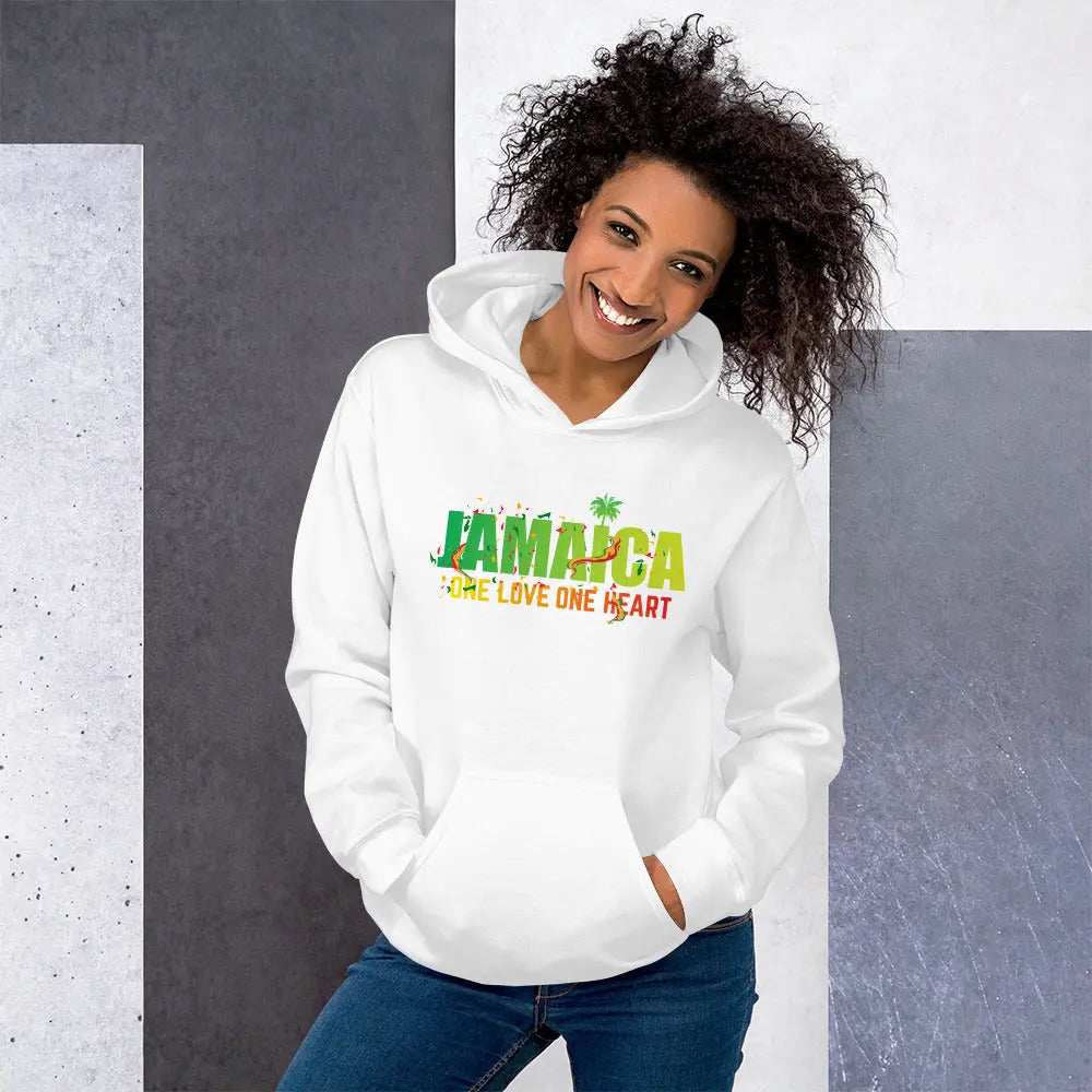 Woman wearing white One Love One Heart Hoodie with Jamaica text and palm tree design