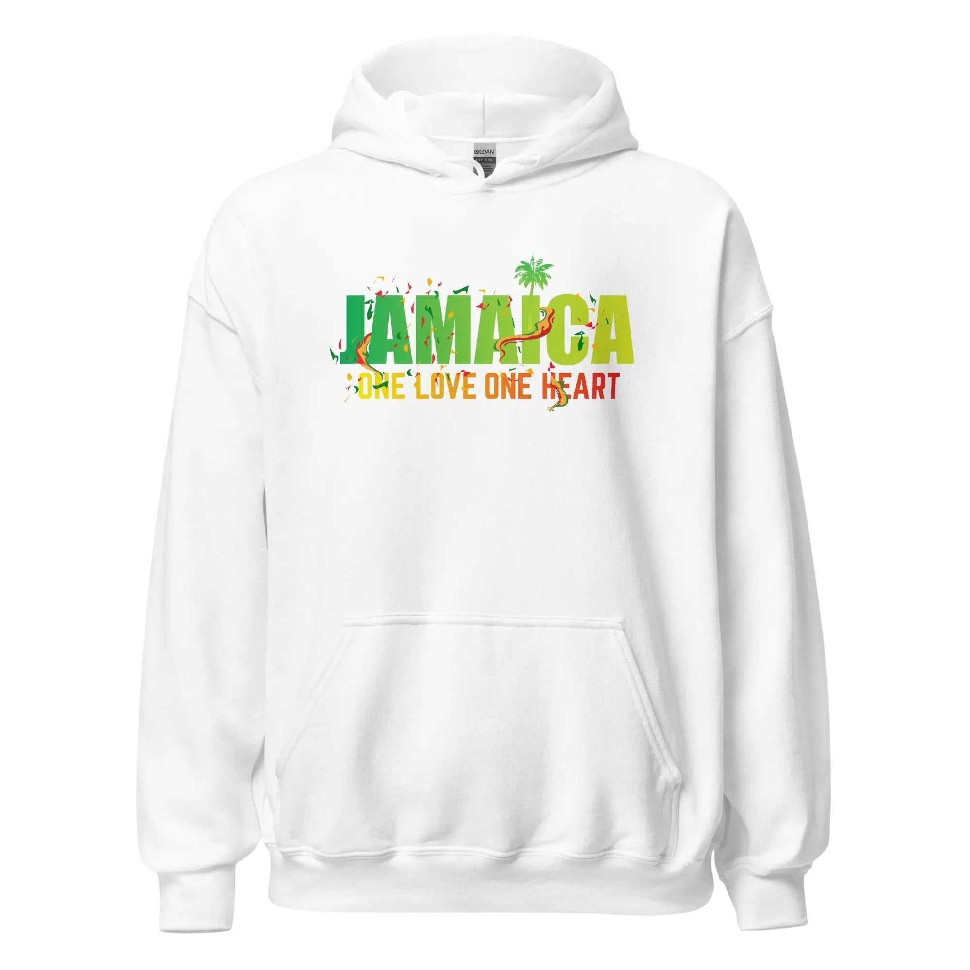 White unisex hoodie with Jamaica One Love One Heart text and palm tree design in Jamaican colors