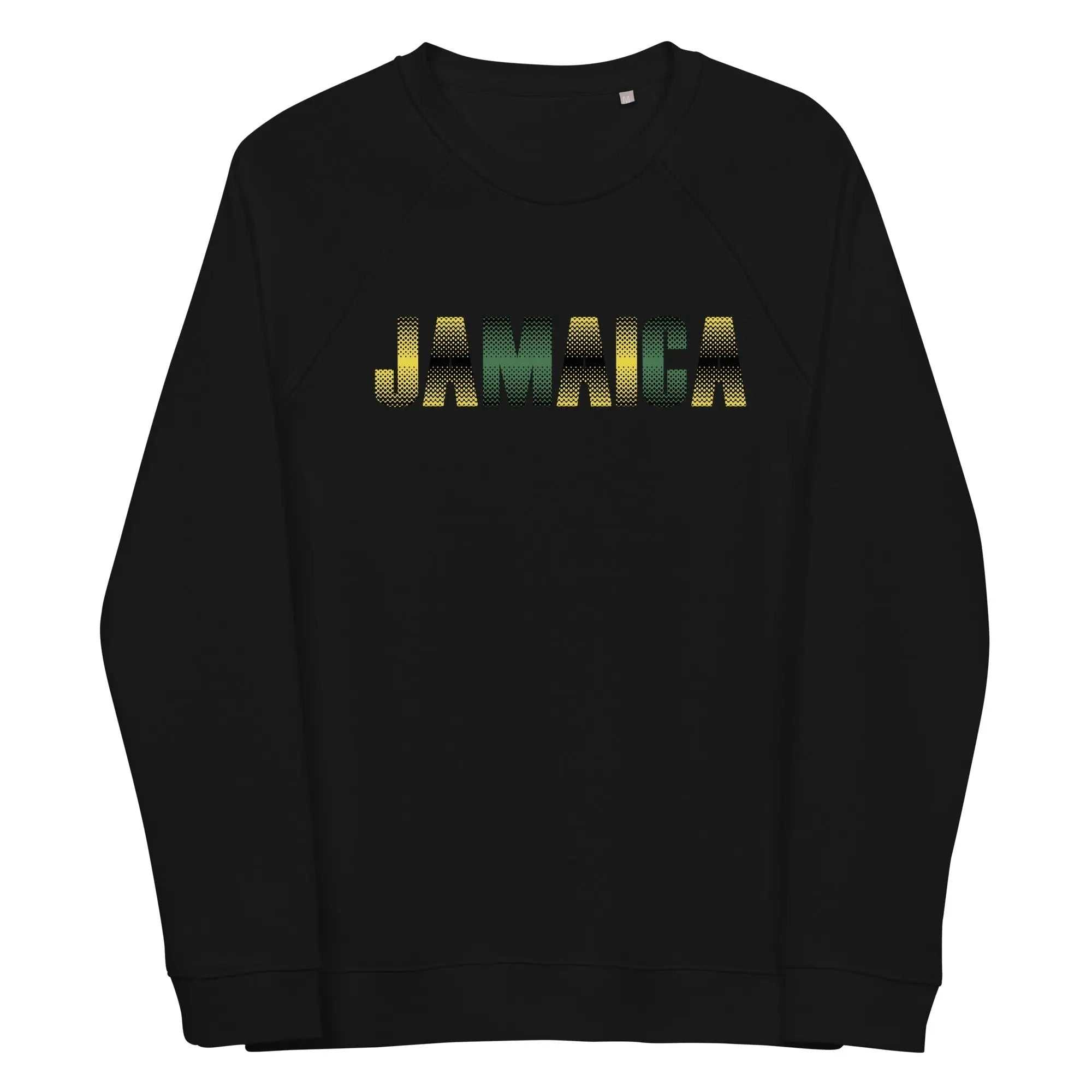 Jamaica unisex sweatshirt with gradient green yellow black lettering and organic cotton raglan design