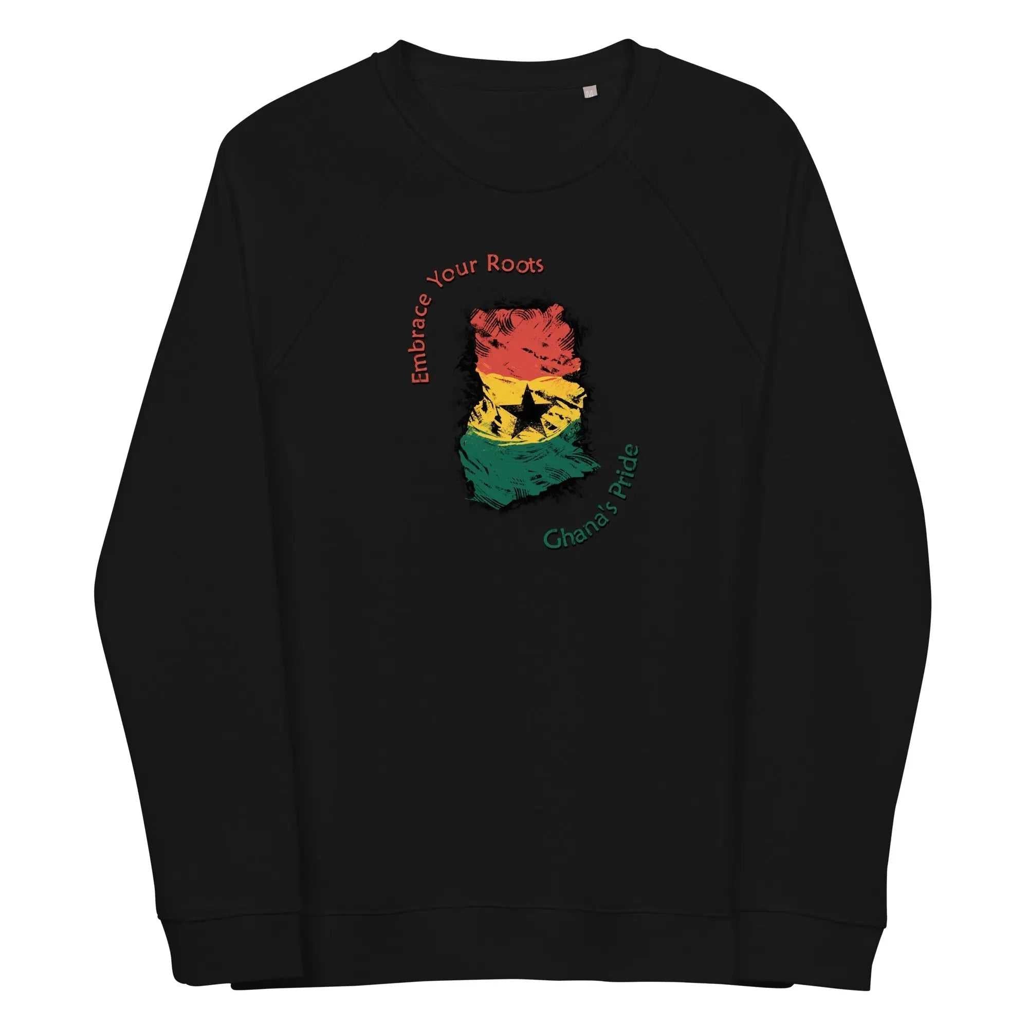 Black Ghana Pride unisex organic raglan sweatshirt with red, yellow, and green Ghana flag design and "Embrace Your Roots" text
