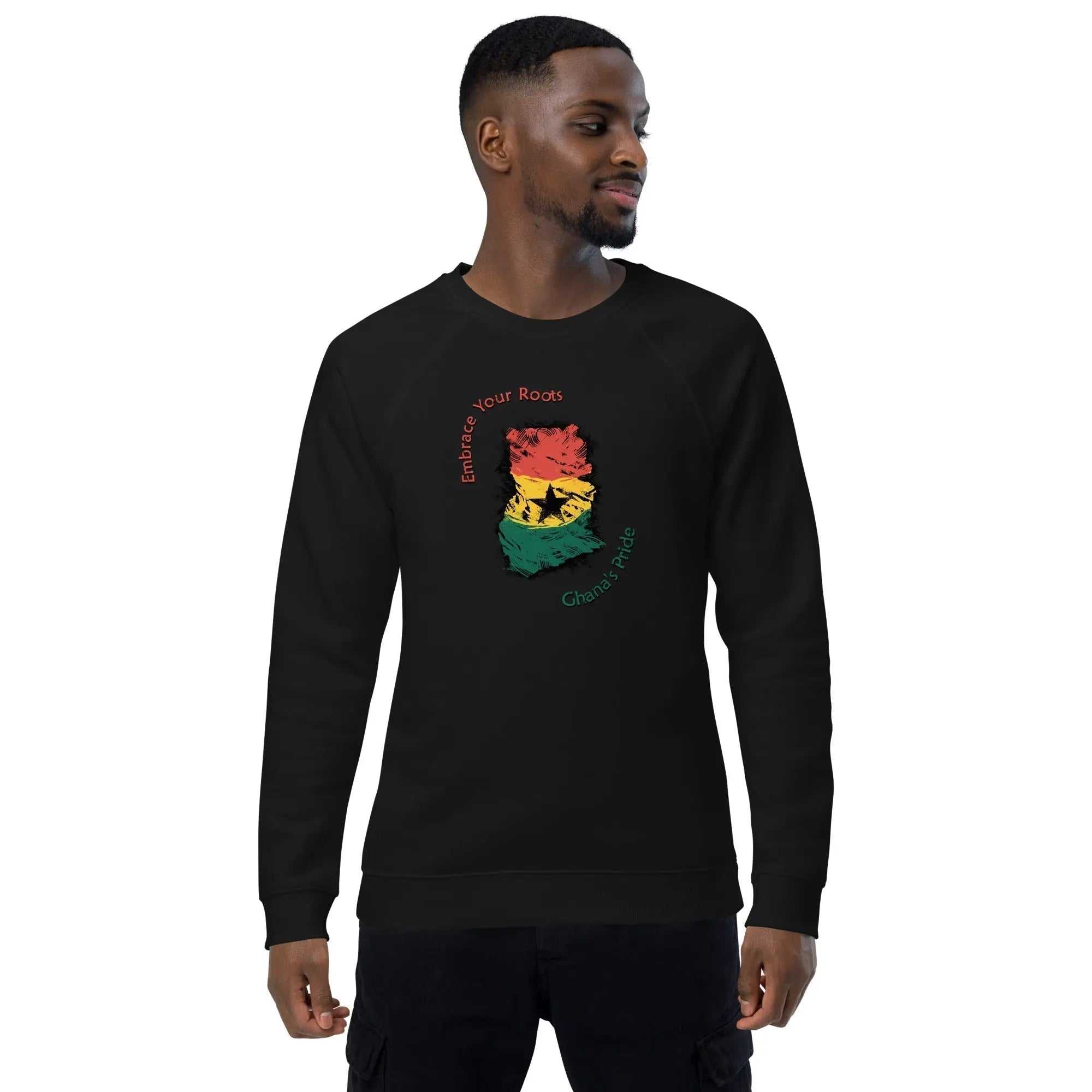 Unisex organic raglan sweatshirt with Ghana Pride design featuring red, yellow, green colors and black star on black fabric